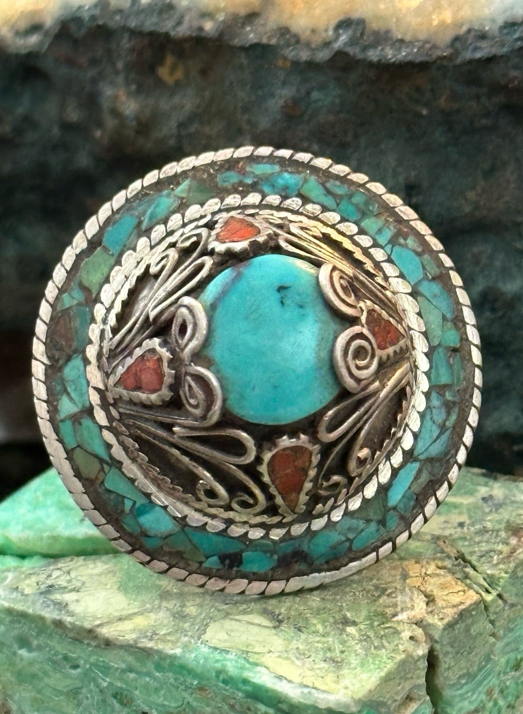 Authentic Ethnic Tibetan turquoise coral huge sterling silver ring