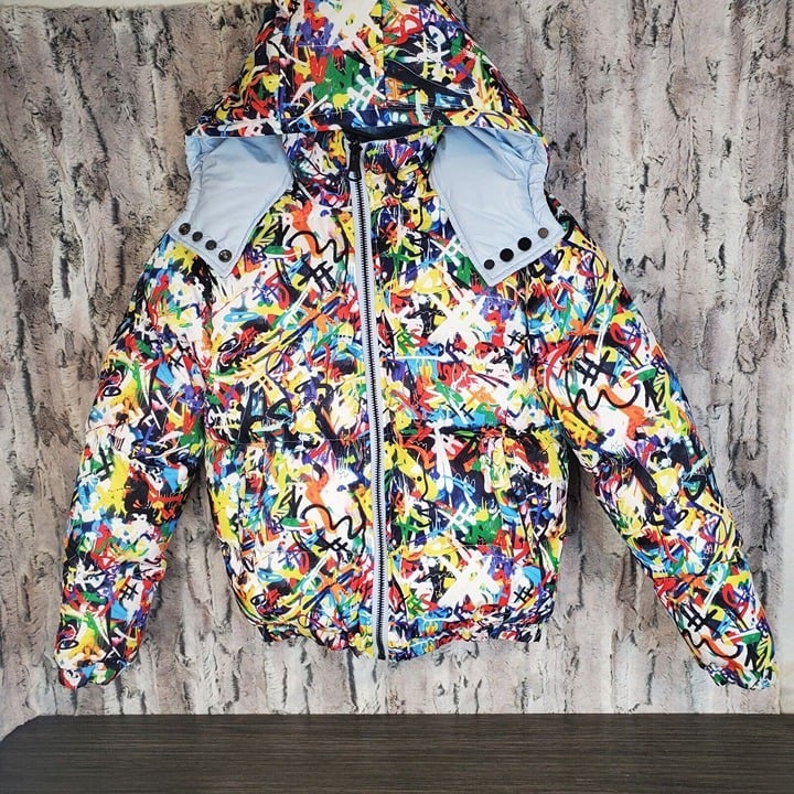 Kash Koture Baby Blue / Graffiti Chaos Puffer Jacket Men's Small Reversible EUC