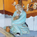 Vintage Shiwan Pottery Figurine Of Chinese Mudman Drinking Tea & Tabletop Panel