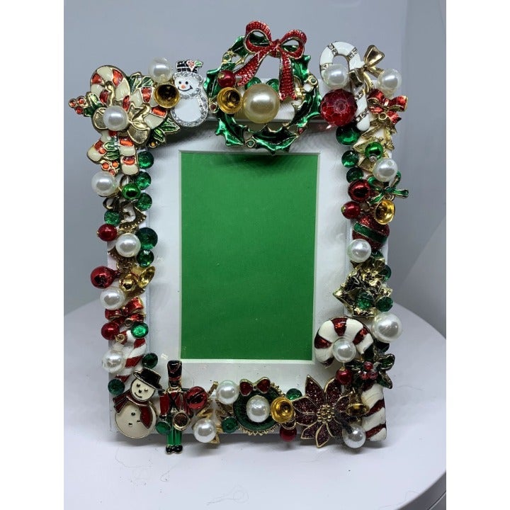 Christmas / Winter Repurposed Jewelry Embellished Photo Frame
