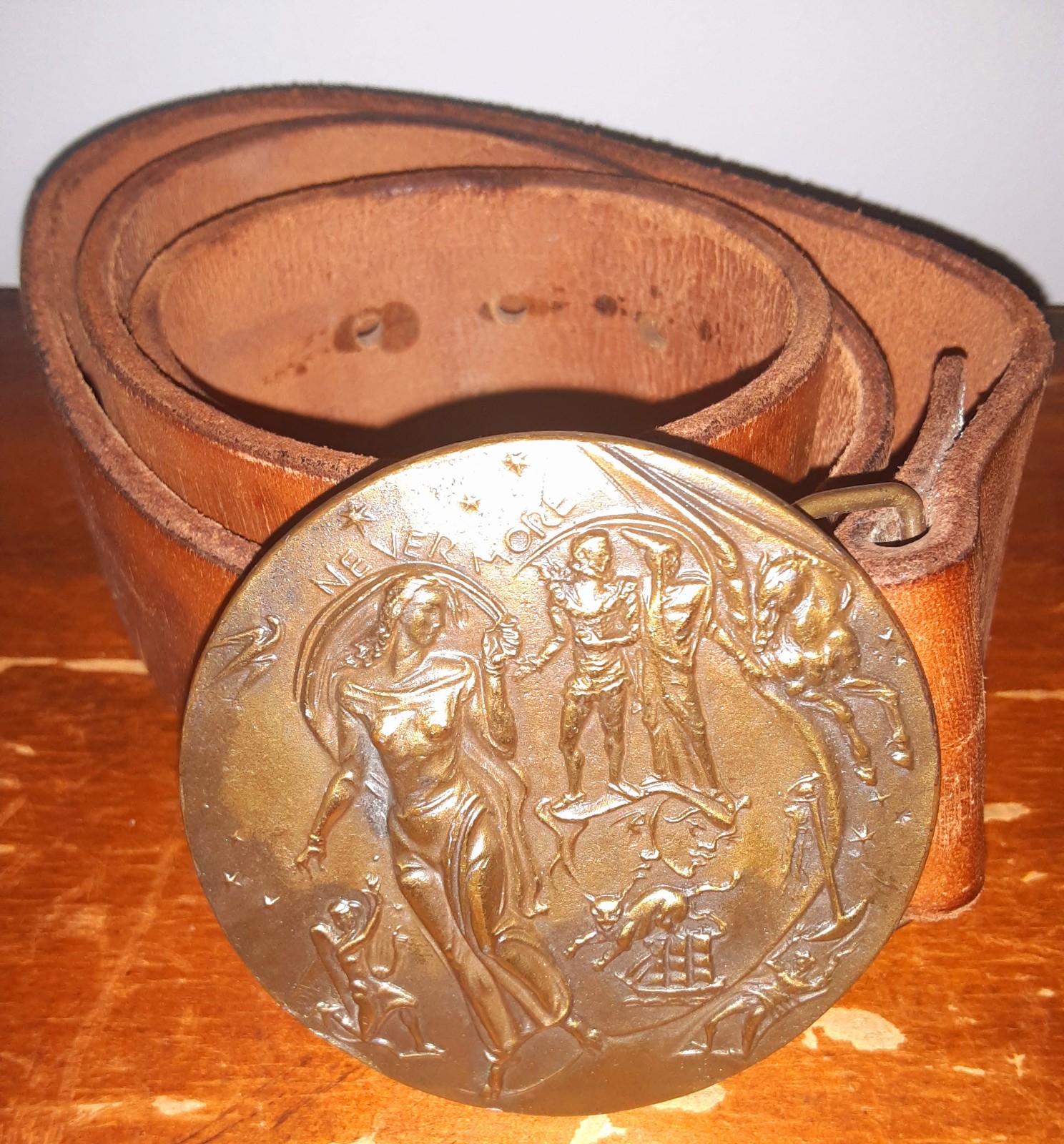 Vintage Never More Edgar Allan Poe Raven Metal Buckle & Leather Belt Large