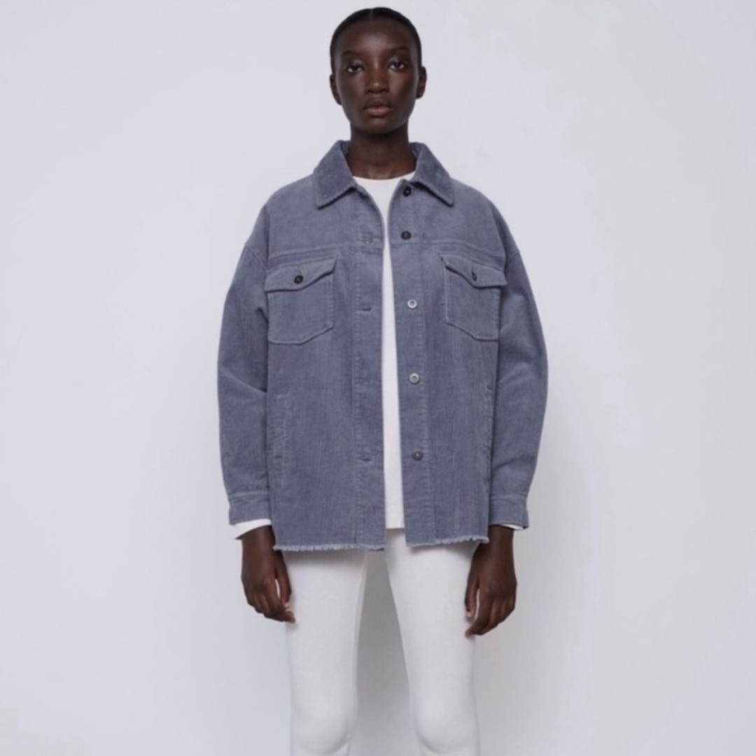 Zara Gray Blue Oversized Shacket Corduroy Jacket Raw Hem Size XS