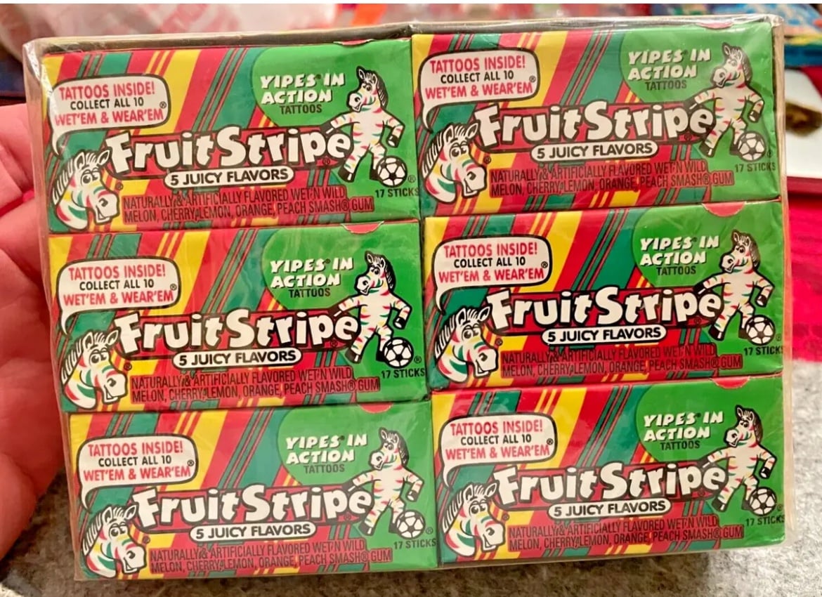 NLA VENDING BRICK FRUIT STRIPE GUM 12 packs w/ YIPES TATTOOS NOSTALGIA 204 stick