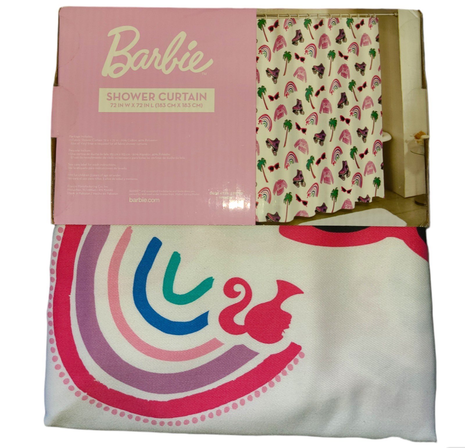 Barbie Fabric Shower Curtain Rainbow Roller Blades Icons Pink White 72 New