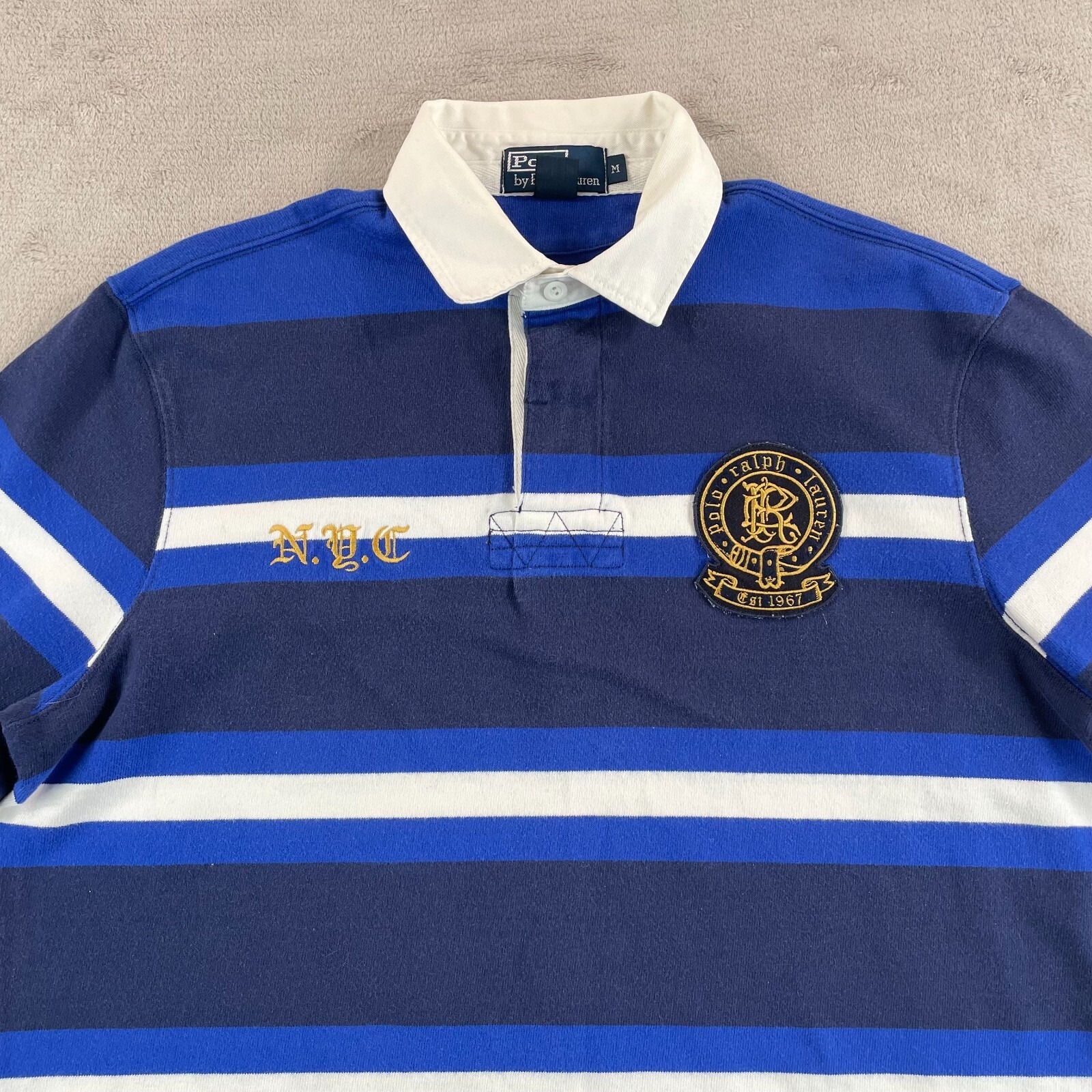 Vintage Polo Ralph Lauren Rugby Polo Shirt Men Medium Blue NYC PRL Crest Preppy