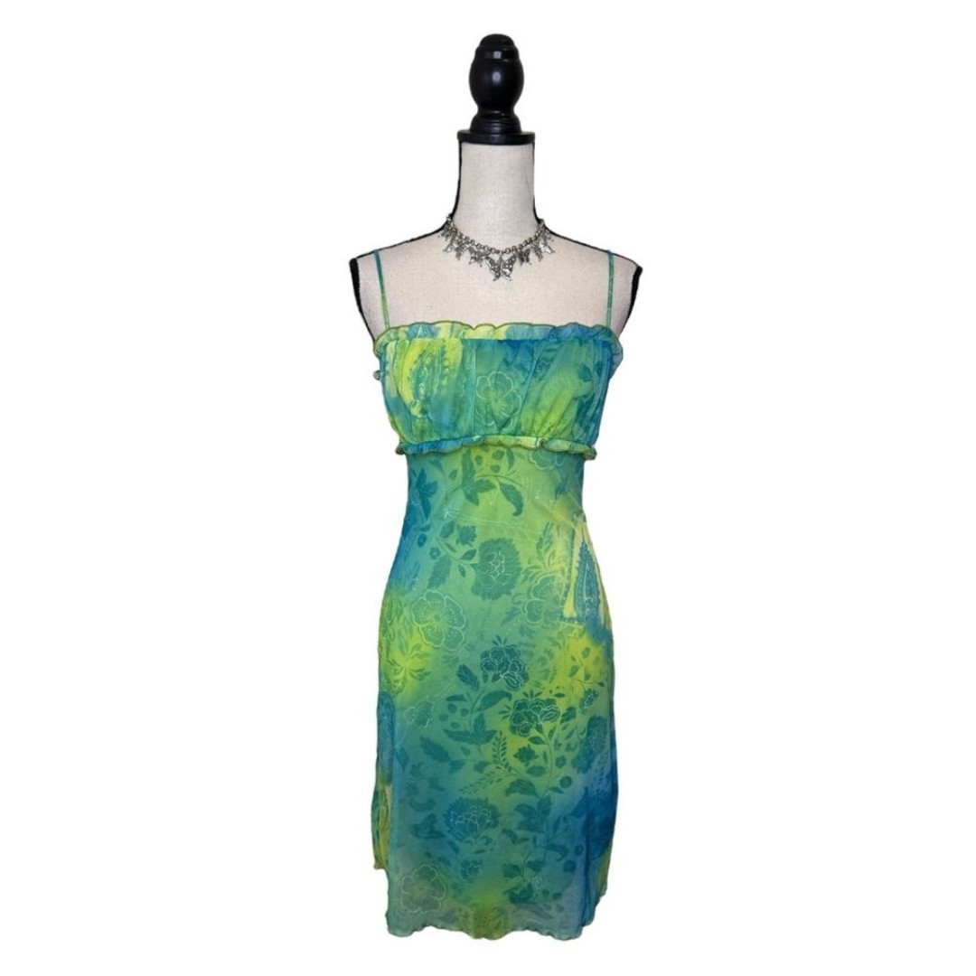 Y2K La Belle Green + Blue Floral Paisley Print Milkmaid Midi Dress Size Small