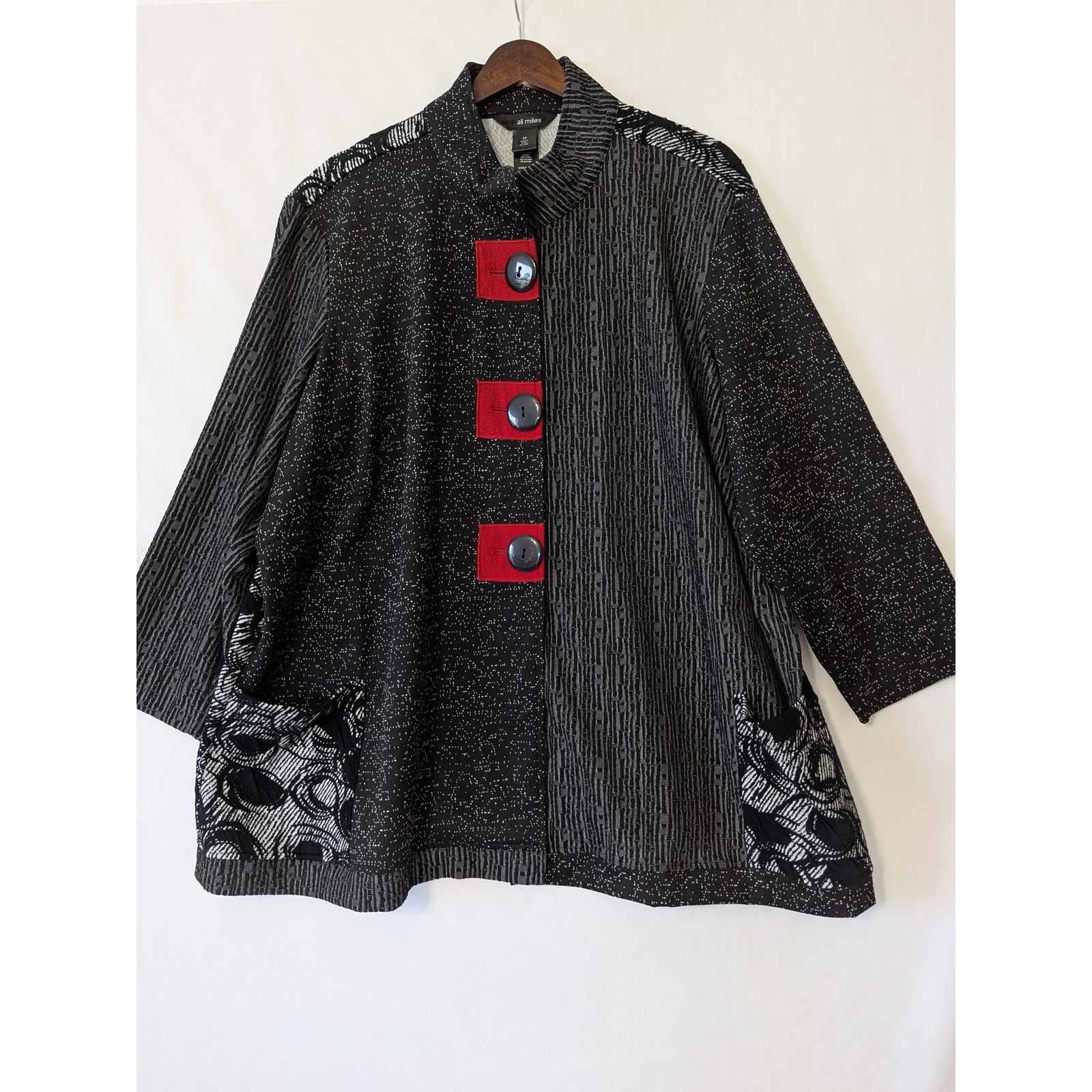 Ali Miles Womens 2X Big Buttons Black Boho Artsy Shirt Shacket Patch Pockets