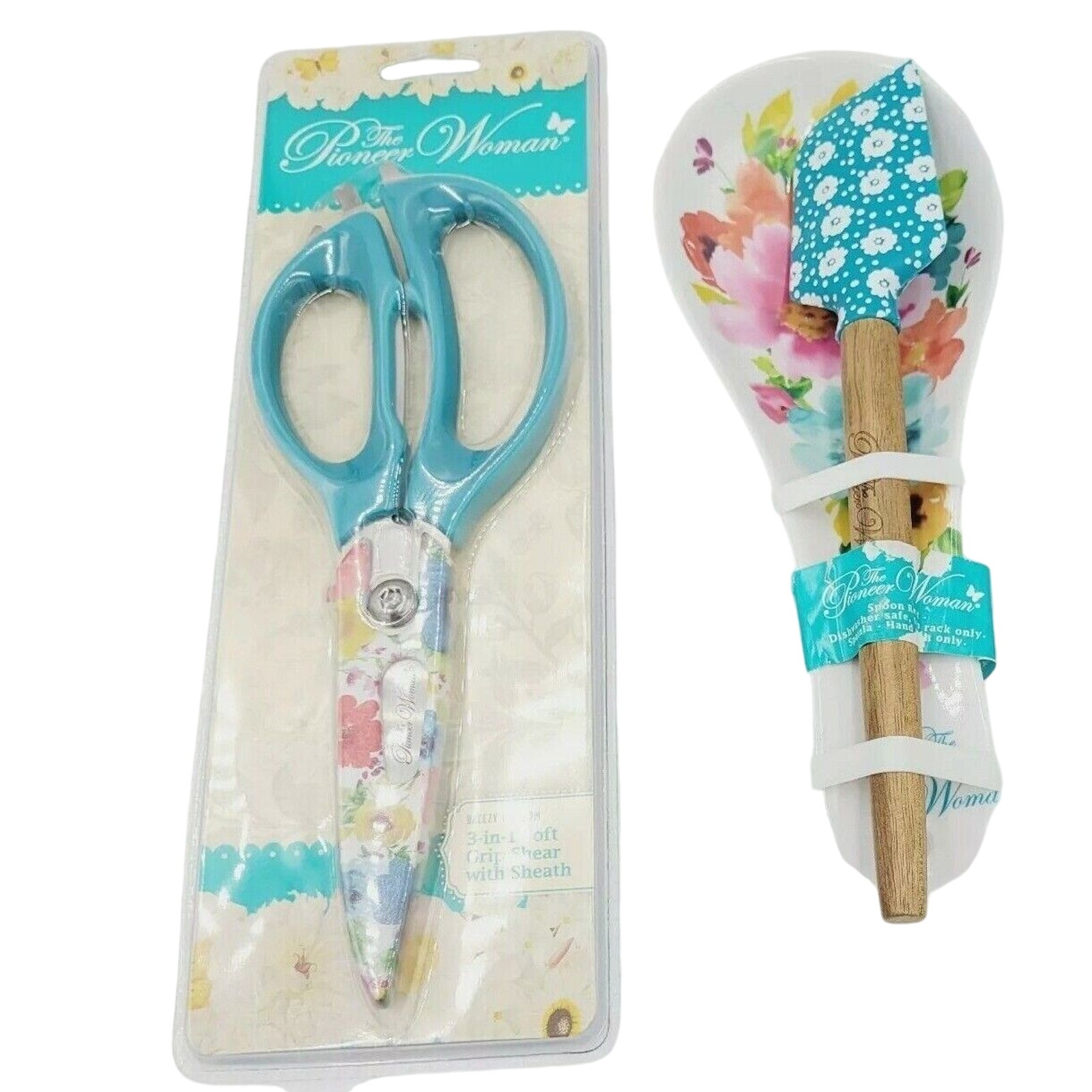 The Pioneer Woman Breezy Blossom - Shear and Spoon Rest & Spatula Set New