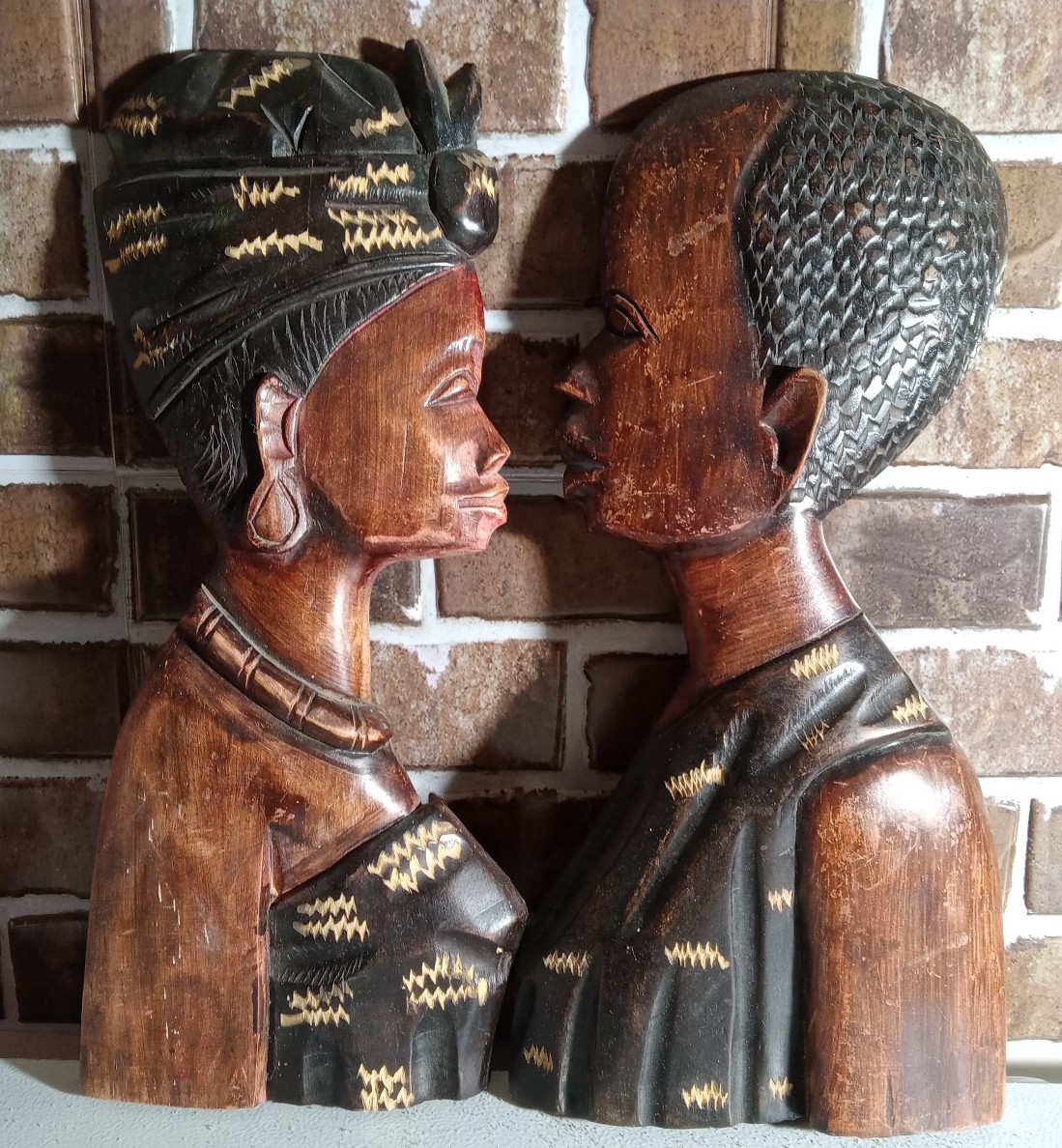 Vintage Wooden Hand Carved African Couple Made In Ghana Set Of 2