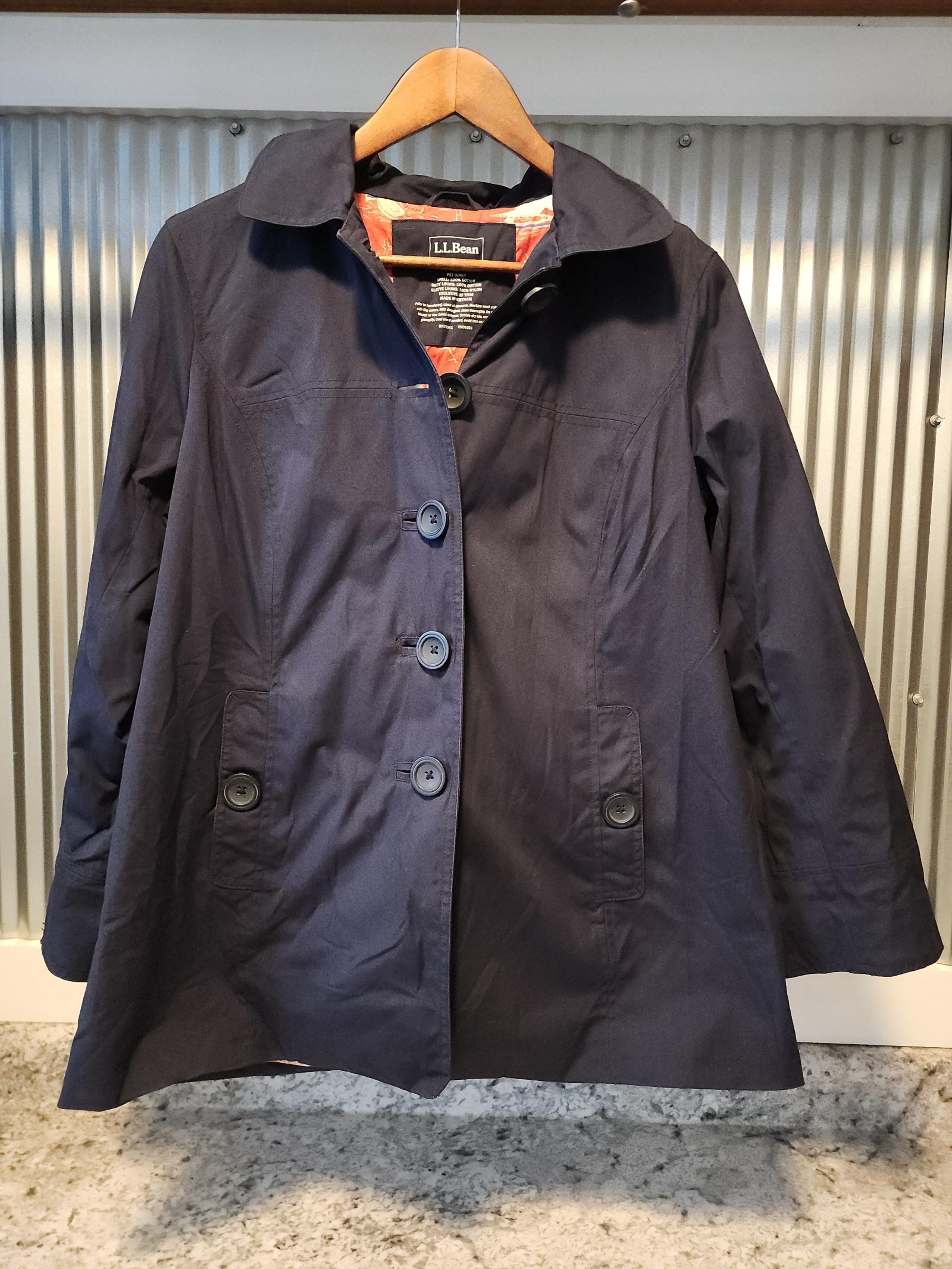 LL Bean Jacket Womens Medium Navy Short Trench Coat Sailboat Removable Hood