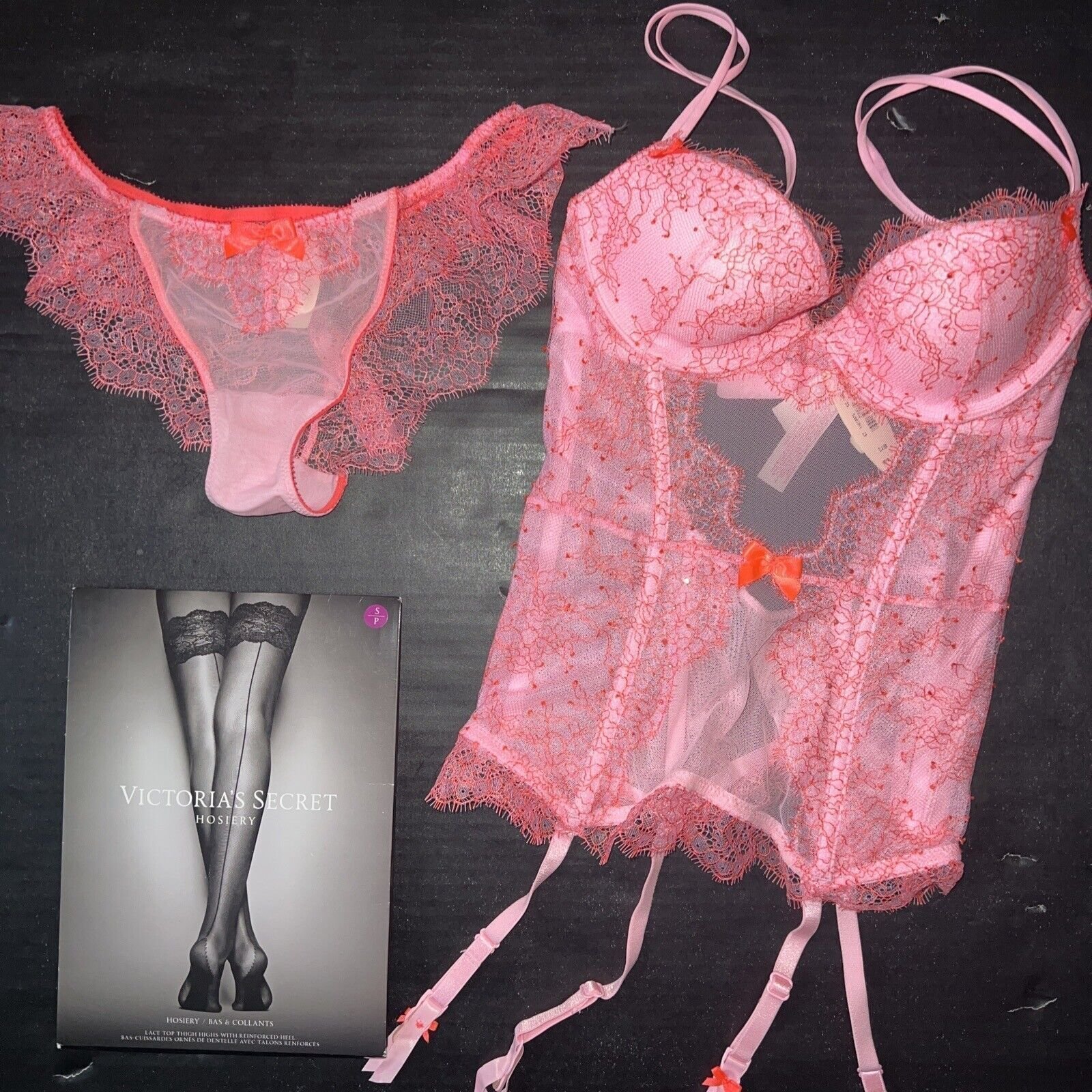 Victoria's Secret 32B,32C GARTER SLIP/CORSET S Panty PINK orange crystallized