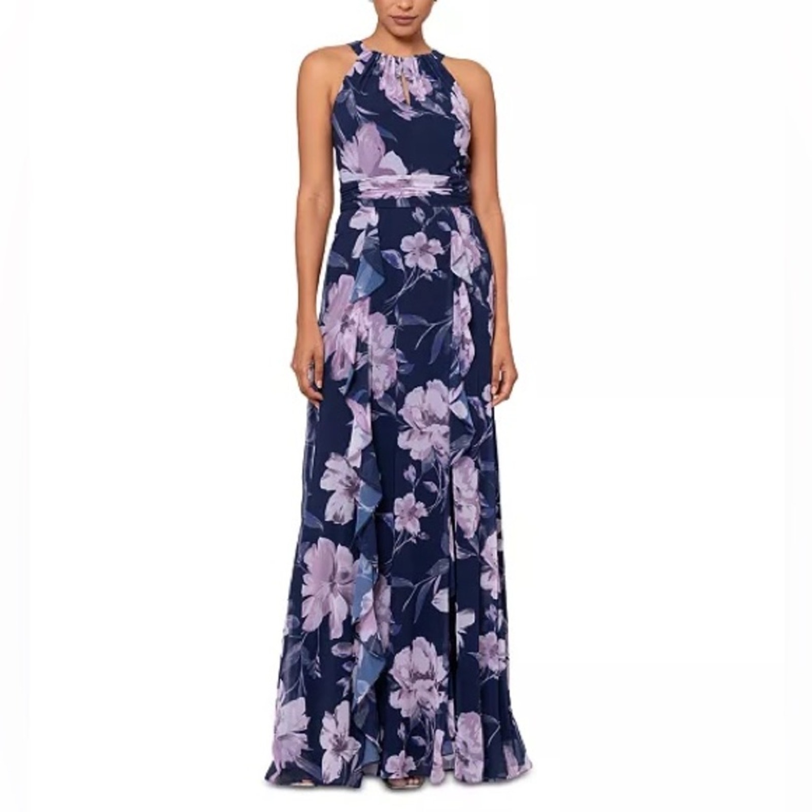 XSCAPE Women's Floral Chiffon Halter-Neck Maxi Gown Navy Violet Sz 4 NWT