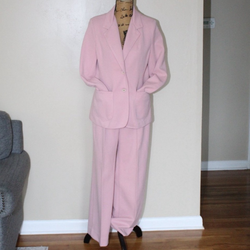 Vtg 60s 70s Dusty Pink Polyester 2 Pc Wide Leg Leisure Pant Suit Blazer Womens M