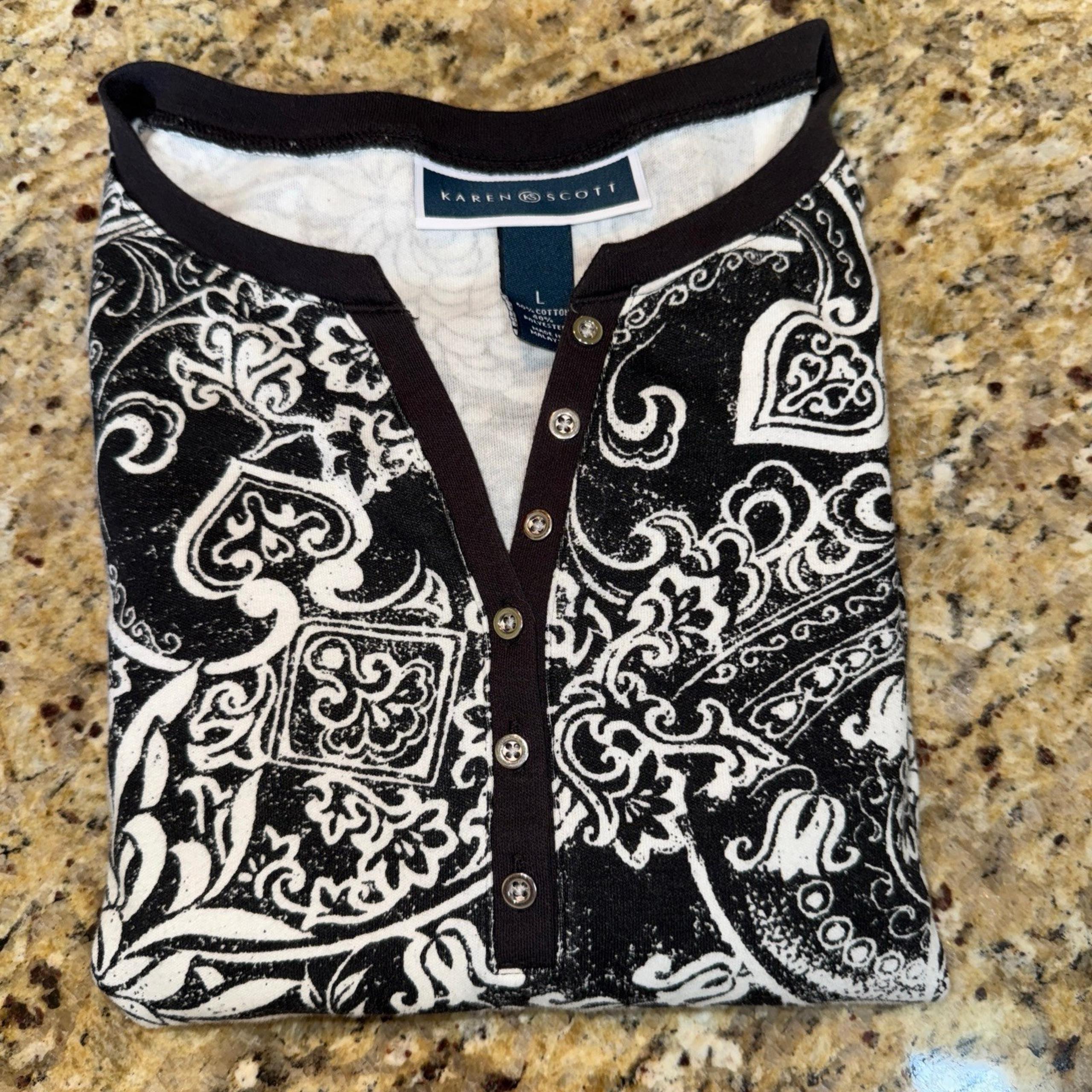 KAREN SCOTT Womens Henley Shirt Black Floral/paisley Short Sleeve Large Top