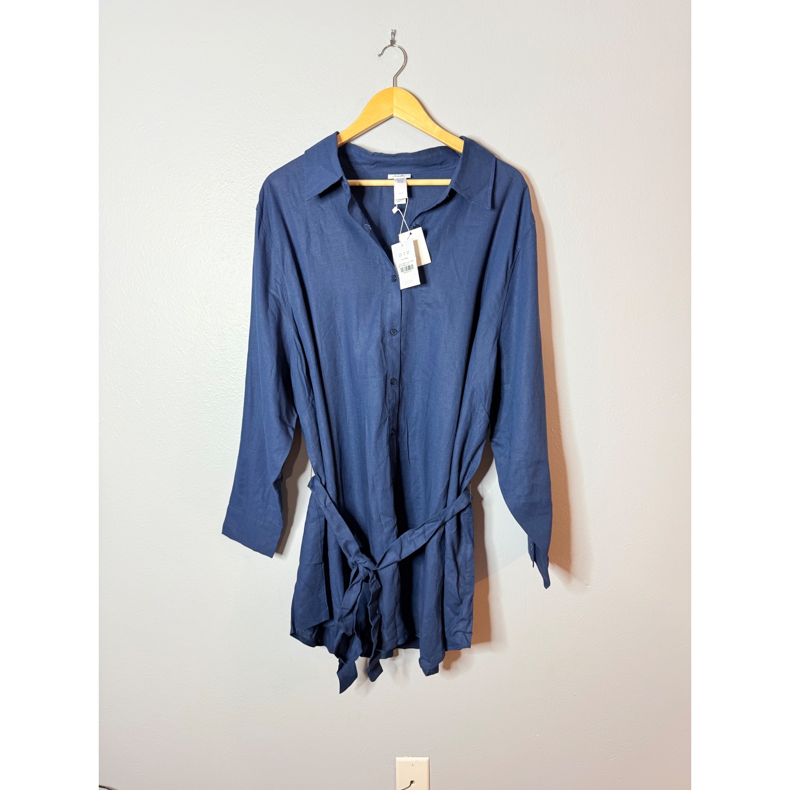 Andie The Corvo Linen Button Up Coverup with Belt, Navy Midnight XXL NWT