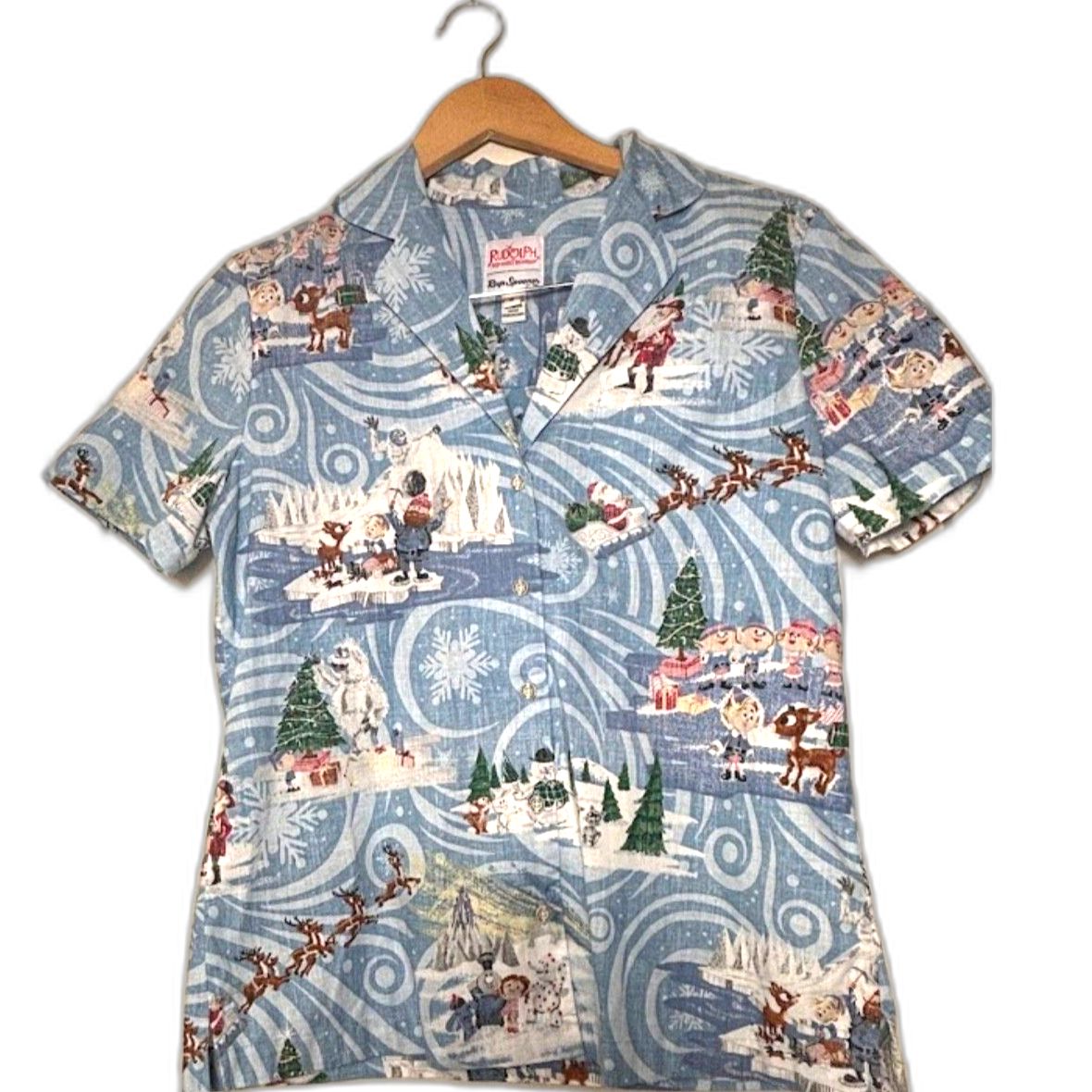 Reyn Spooner x Rudolph Shirt Women's Size Small Blue NWOT Holiday Button Down