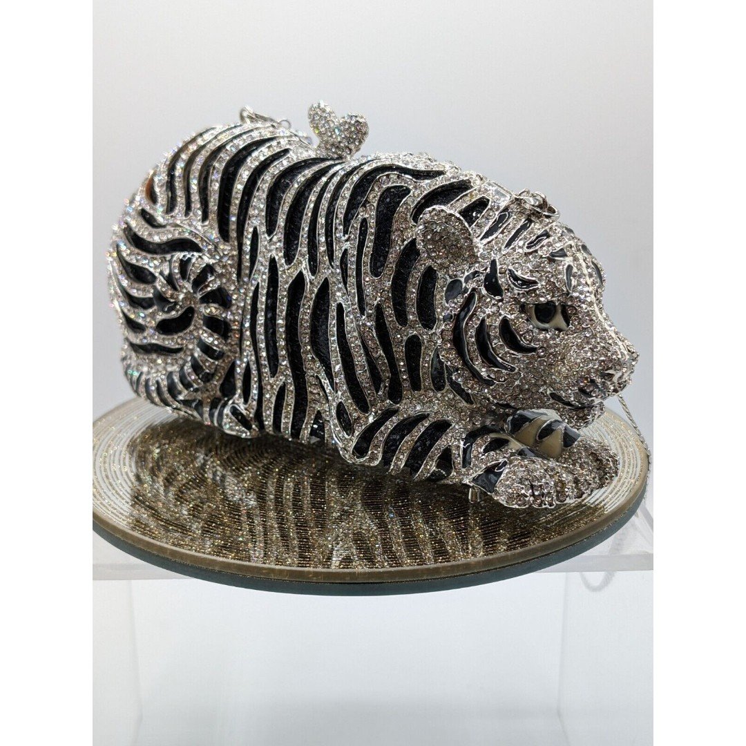 Silver Tiger Sparkling Evening Luxury Crystal Clutch Purse Rhinestone Handbag