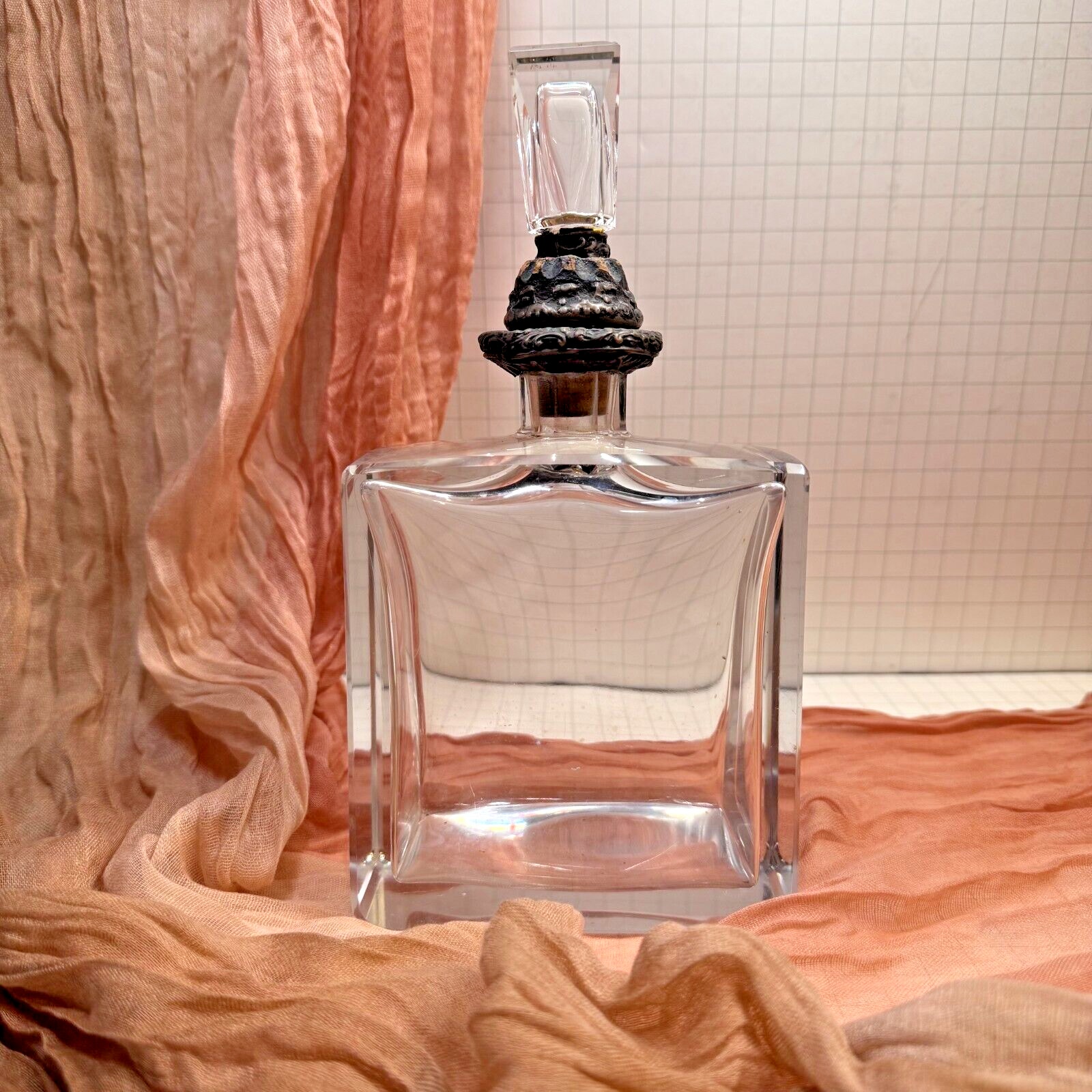 Vintage Square Heavy Crystal Glass Decanter 9 x5 Silver Accented Stopper