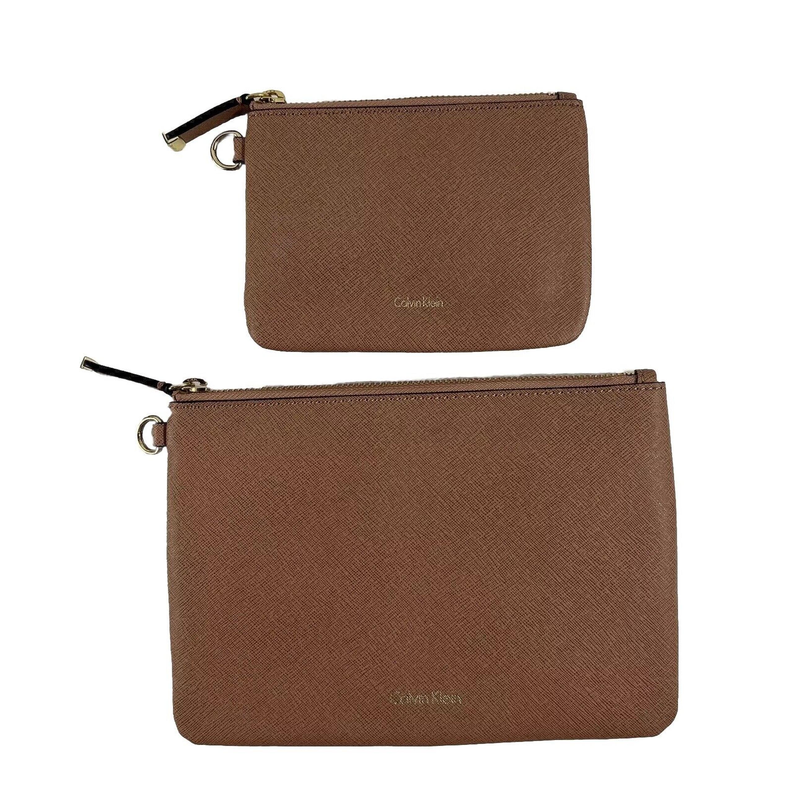 Calvin Klein Saffiano Pouch Lot Of 2 Pink Wristlet Wallet Zipper Logo Women’s