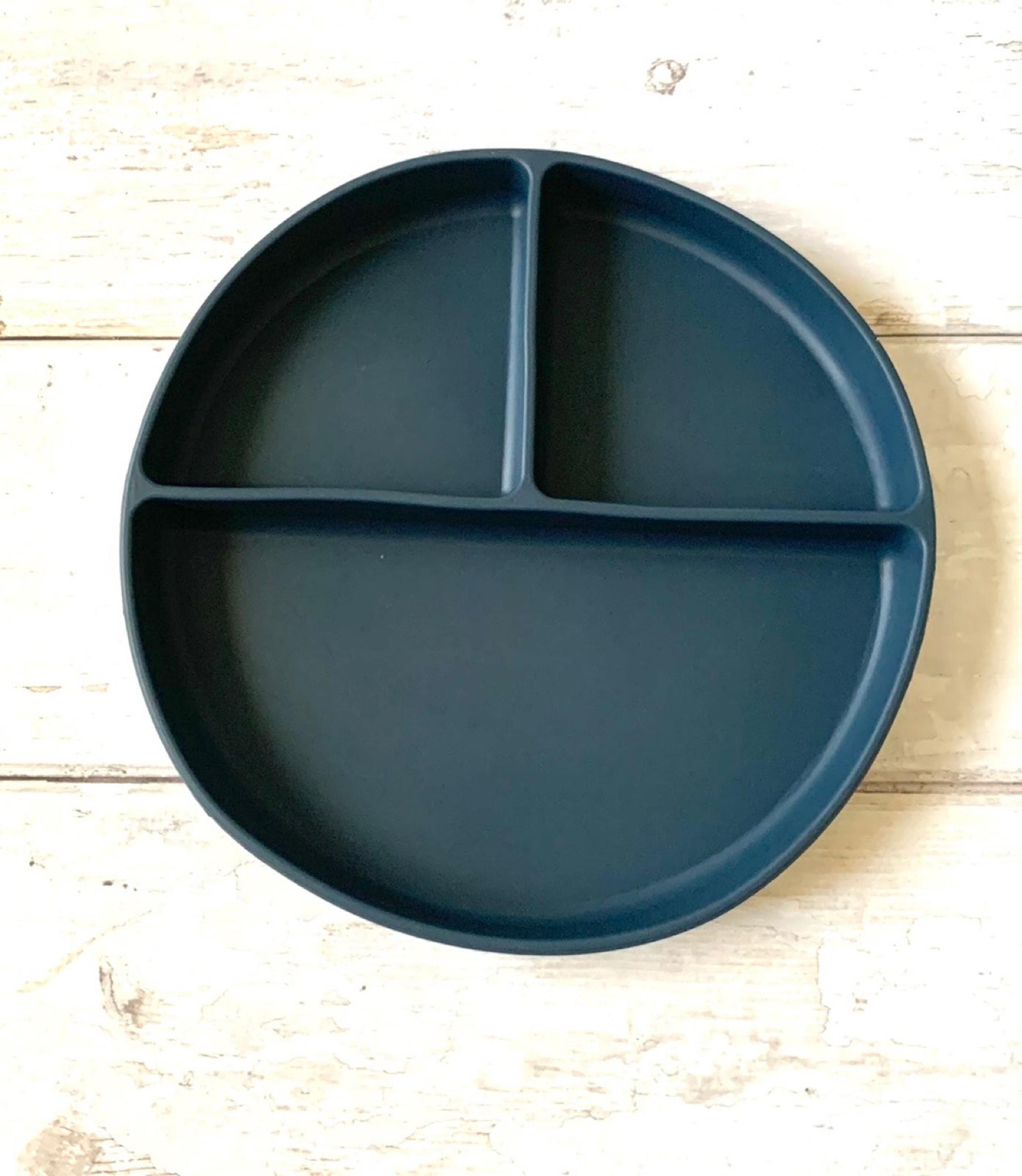Mushie Kids Divided Silicone 8in Plate Suction Bottom Navy Blue NEW