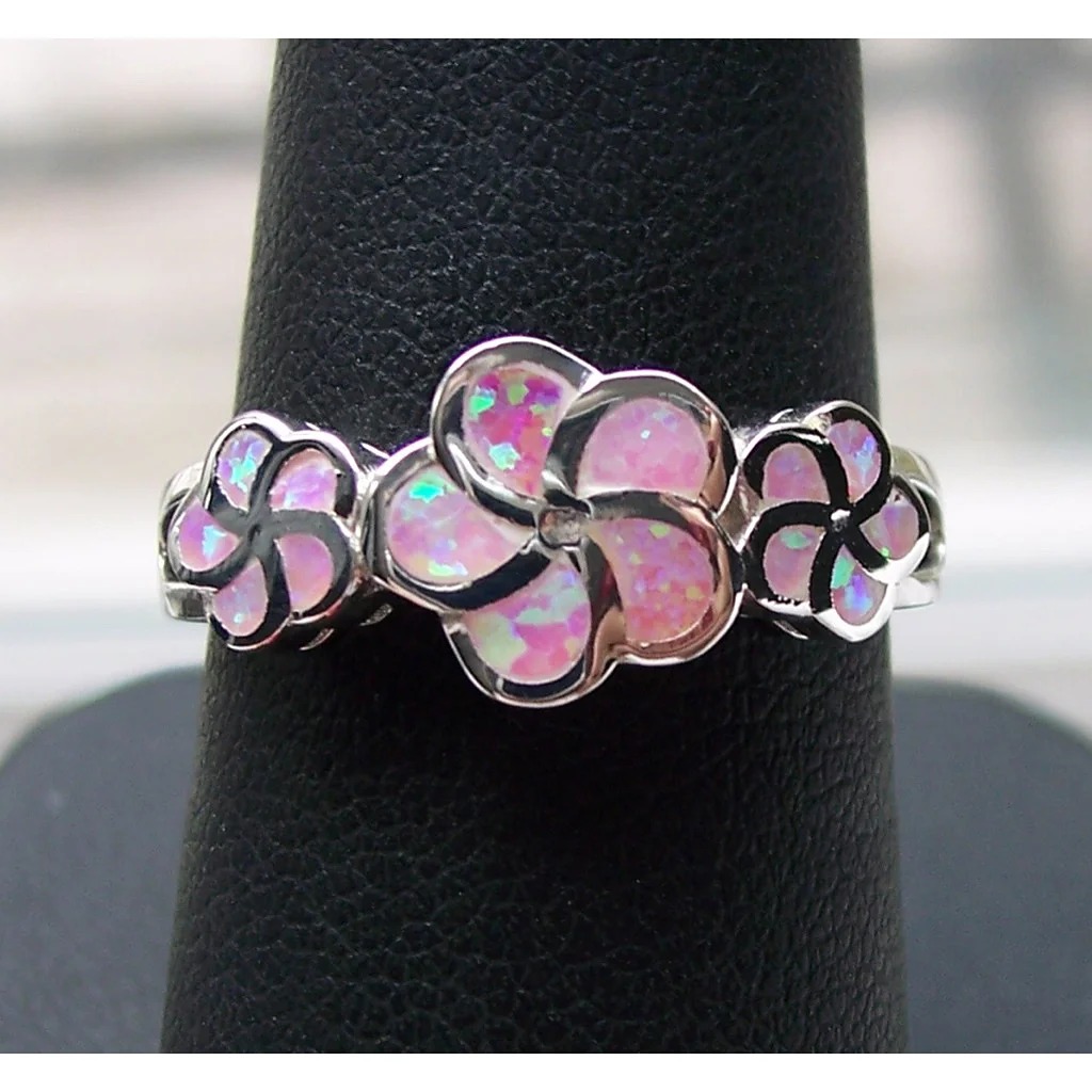 Size 11, 925 STERLING SILVER Pink Fire Opal Plumeria Flower Ring