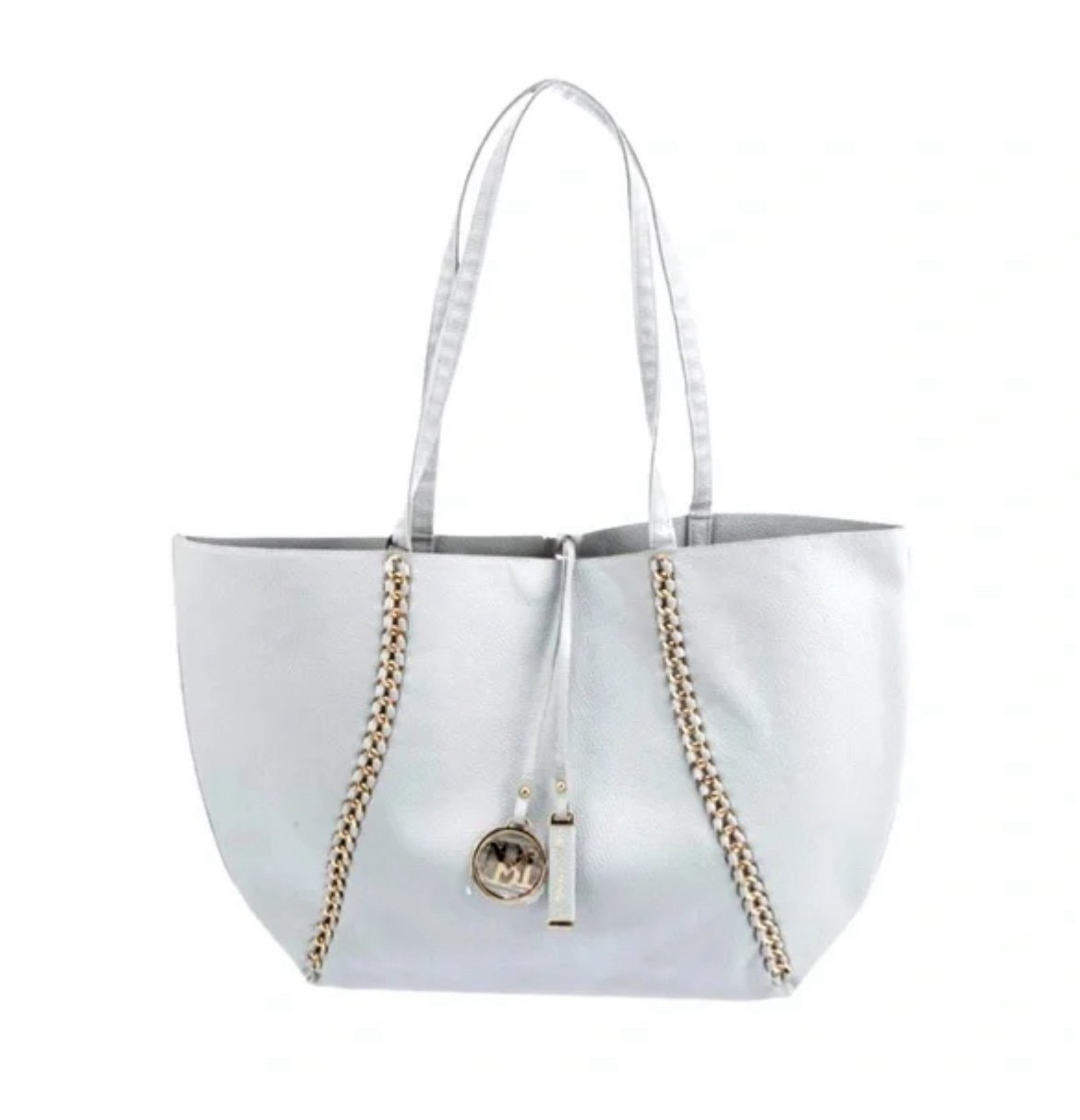 NWT Badgley Mischka Grey with Gold Decorative Chain Pebbled Tote