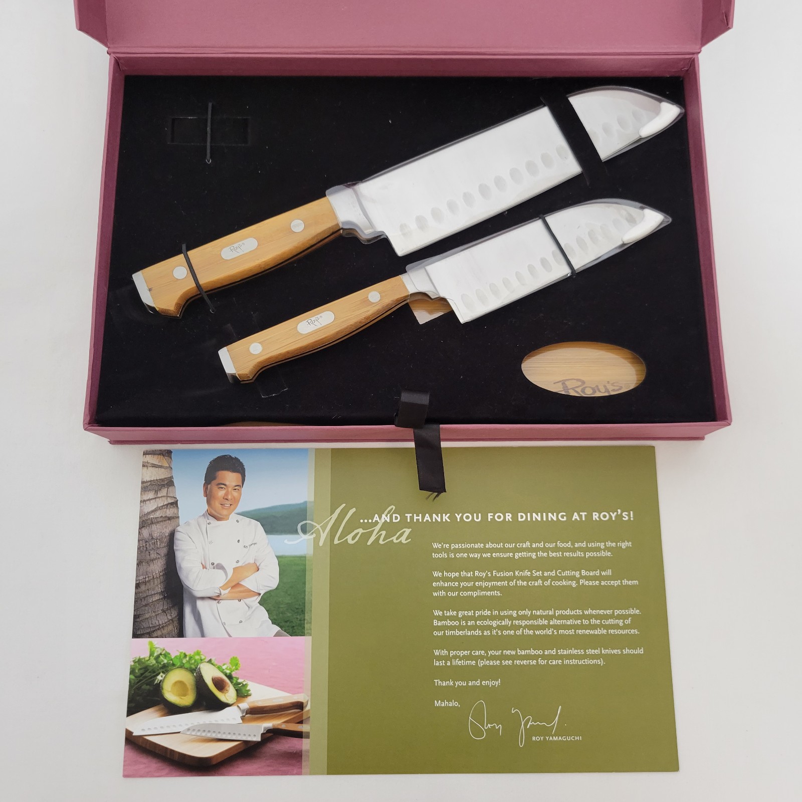 Roy Yamaguchi Fusion Wood Handled Steel Knife & Cutting Board Set 7 & 5 Blades