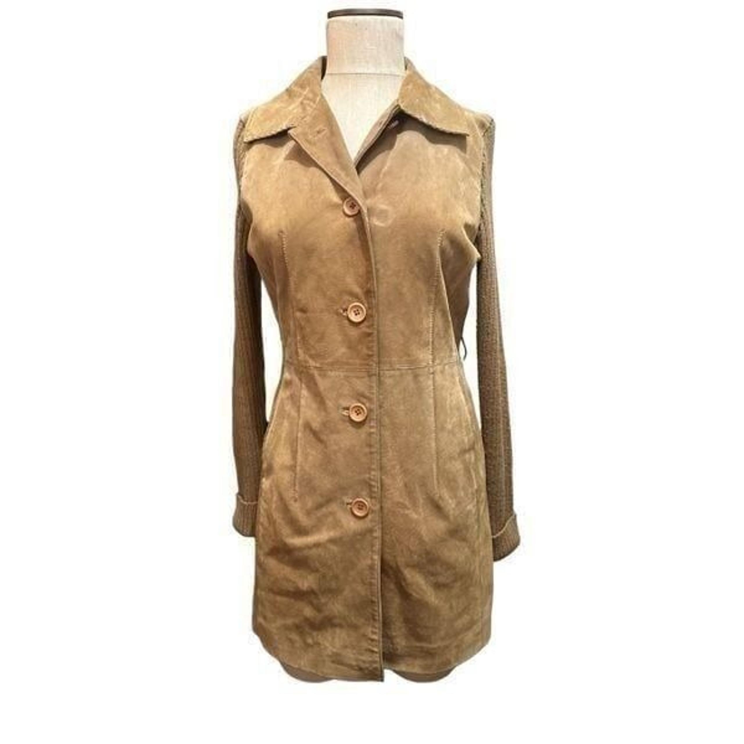 Twiggy Womens Leather Coat with Wool Blend Knit Sleeves Hip Length Retro Size M