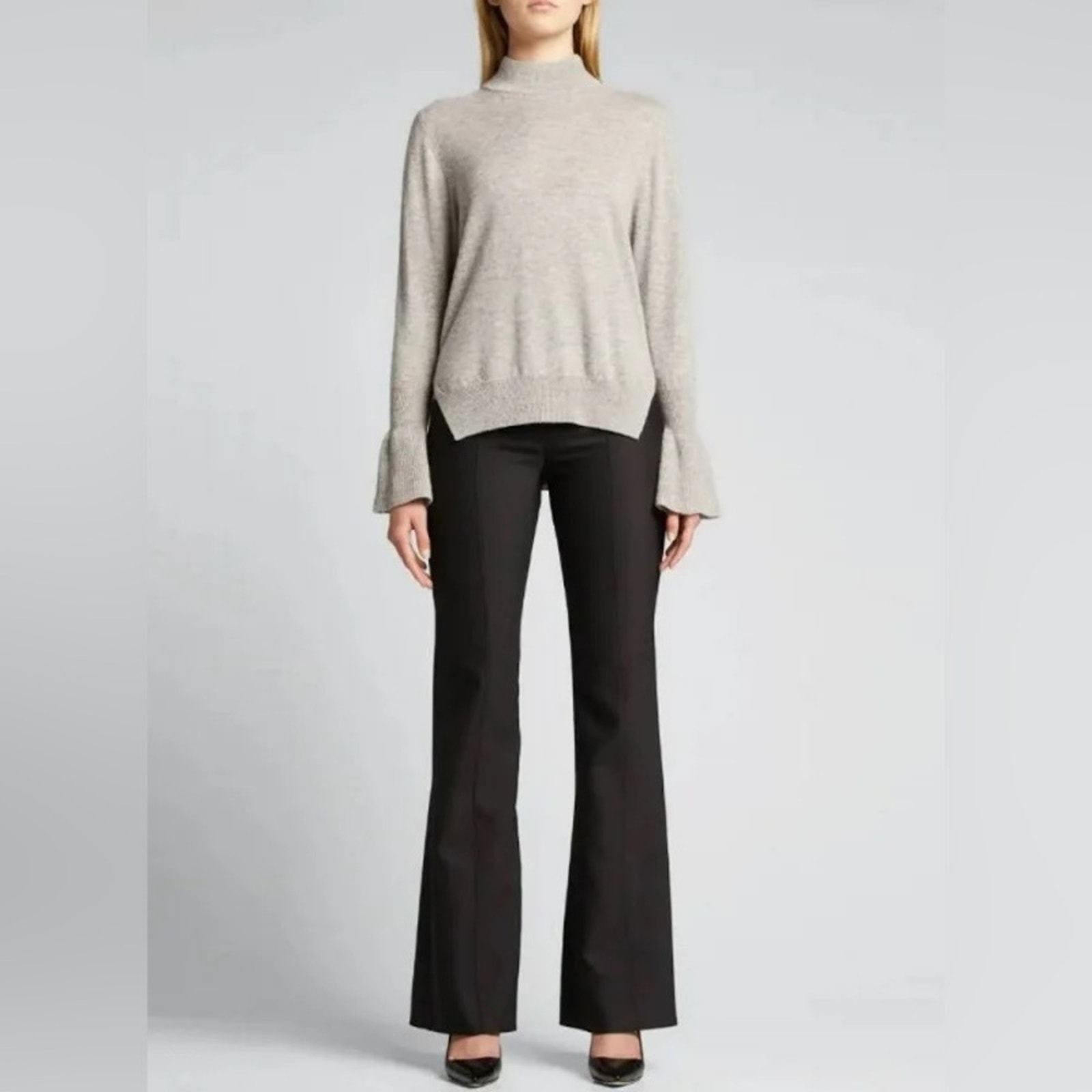 MILLY ruffle-cuff mock-neck sweater Small Gray Cashmere