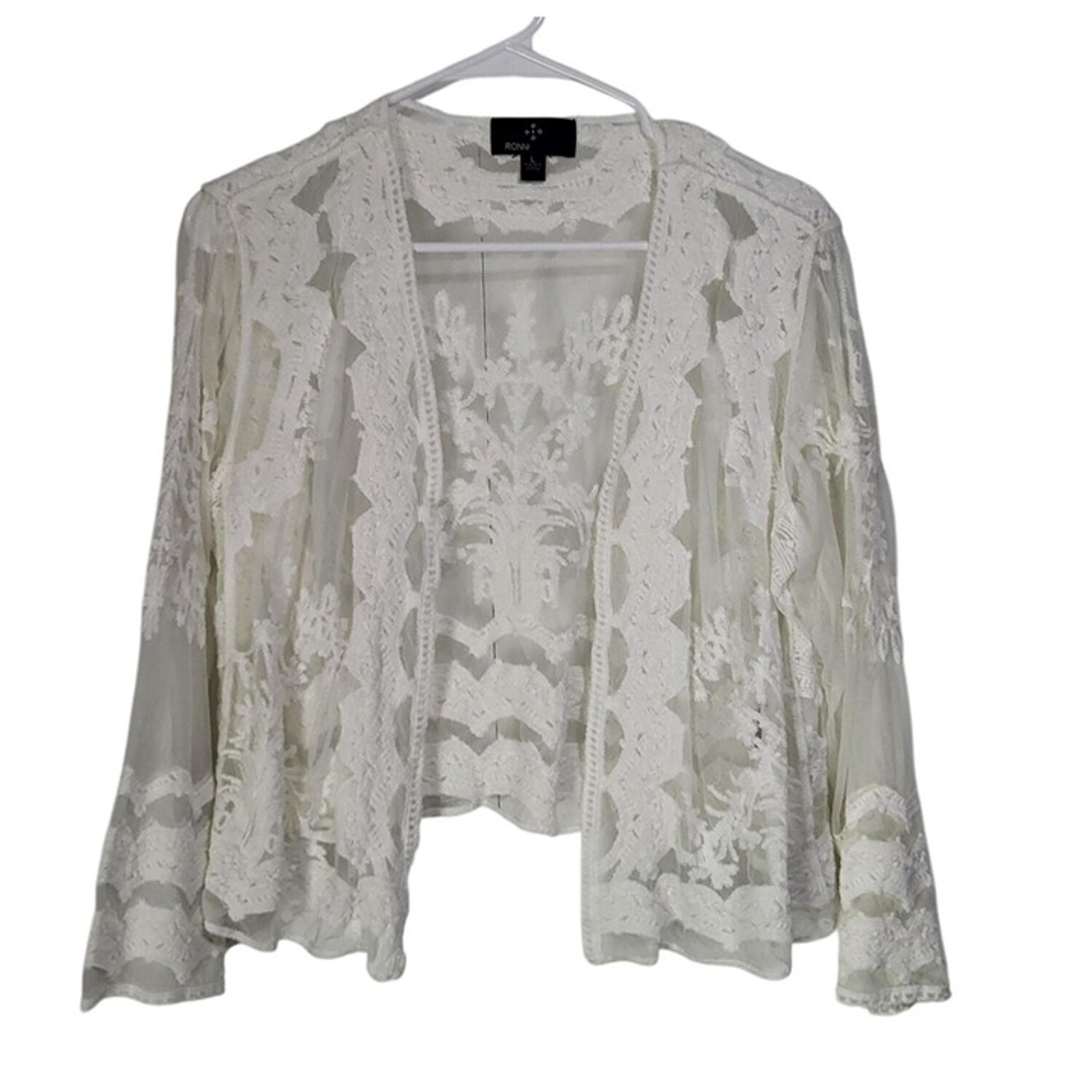 RONNI NICOLE Women's LG Embroidered Sheer Open Cardigan Shrug Cropped
