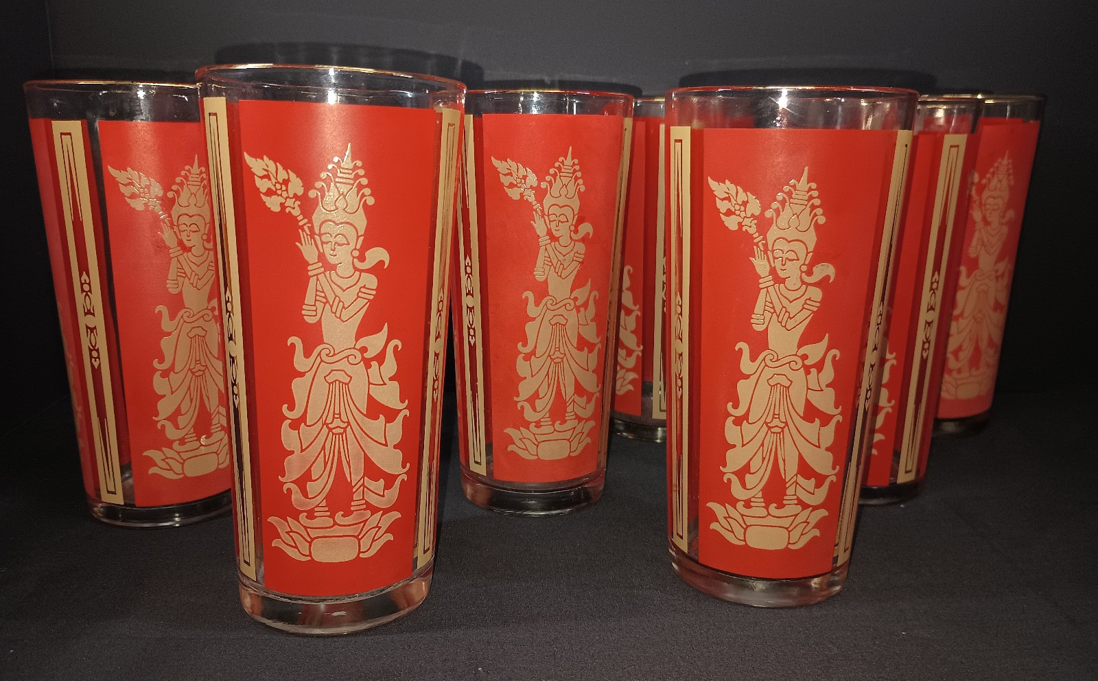 1960’s Culver Red And Gold Siam Thai Goddess Drinking Glasses Set Of 8
