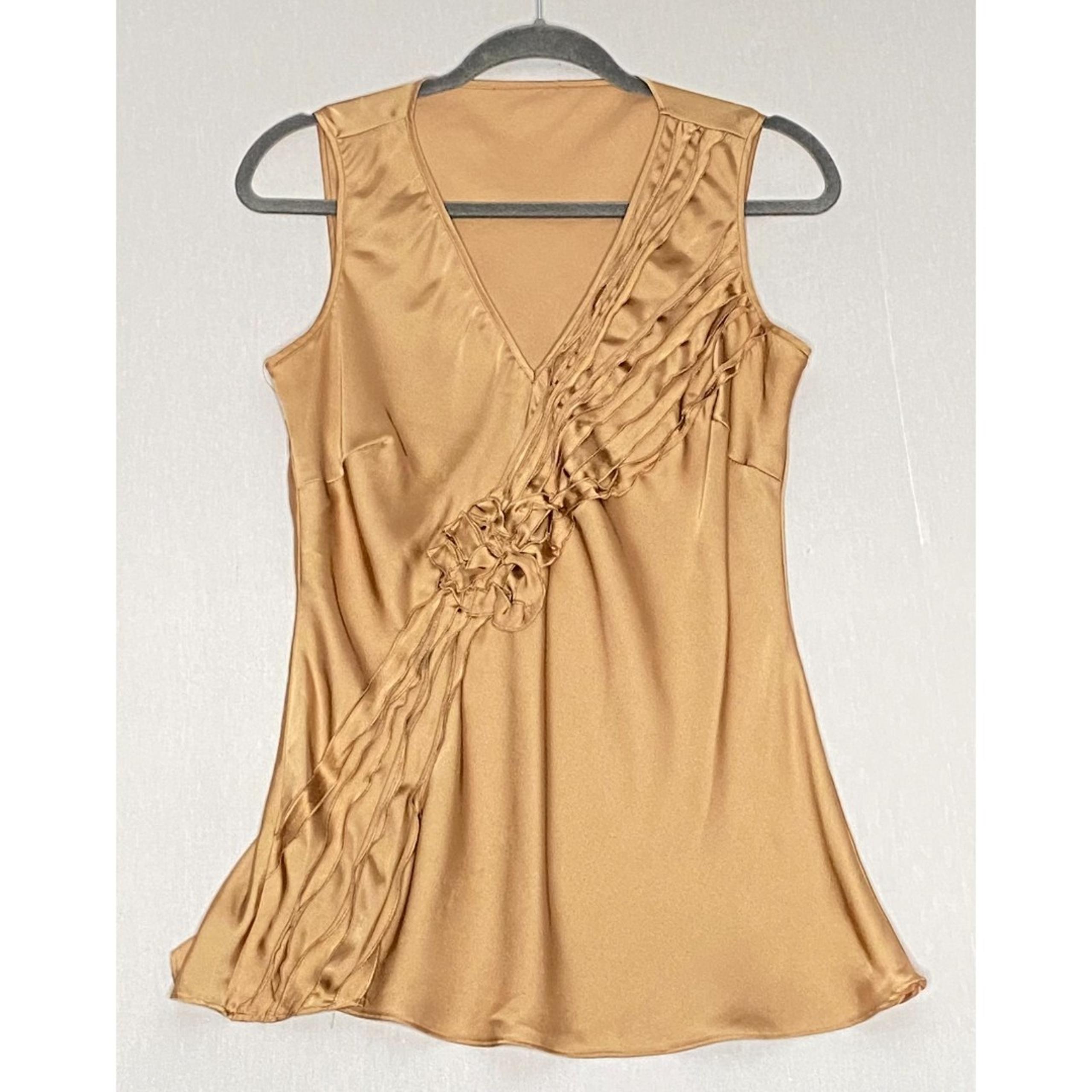 Satiny Blouse Womens Large Tan V-Neck Sleeveless Diagonal Ruffles