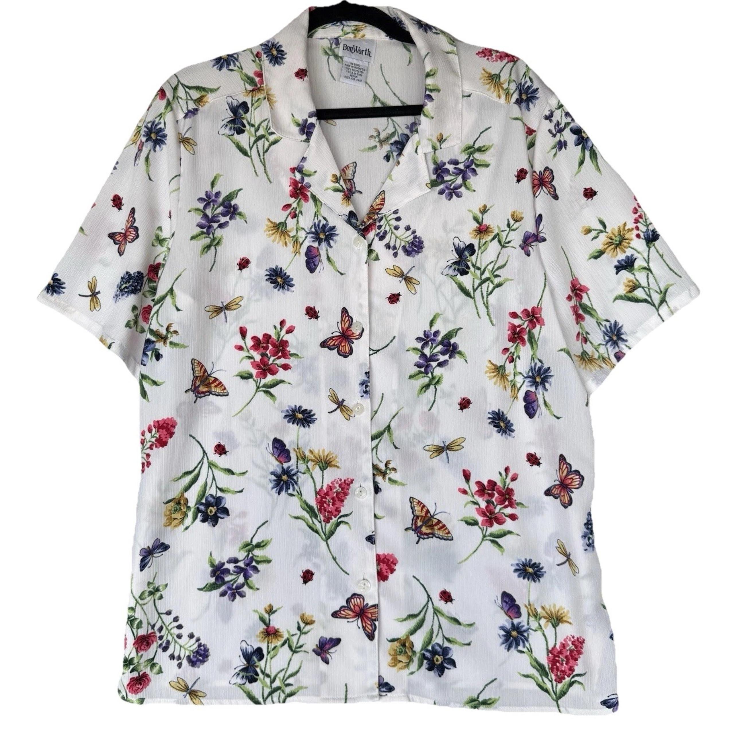 Bon Worth Blouse Shirt Womens M White Floral Butterfly Dragonfly Fairy Garden