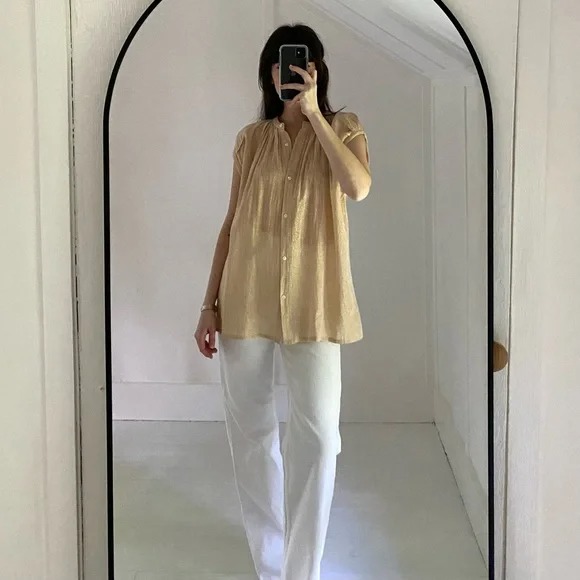 Soeur Voisine Metallic Button Up Shirt Size FR 40 Cream/Gold Retail 268