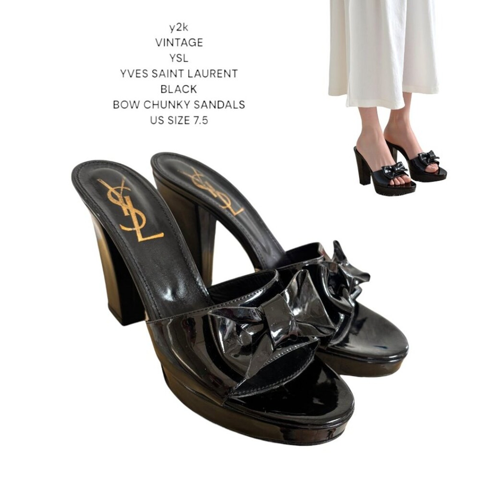 VINTAGE Y2K YSL YVES SAINT LAURENT BLACK CHUNKY BOW SANDALS HEELS US 7 1/2 EUC