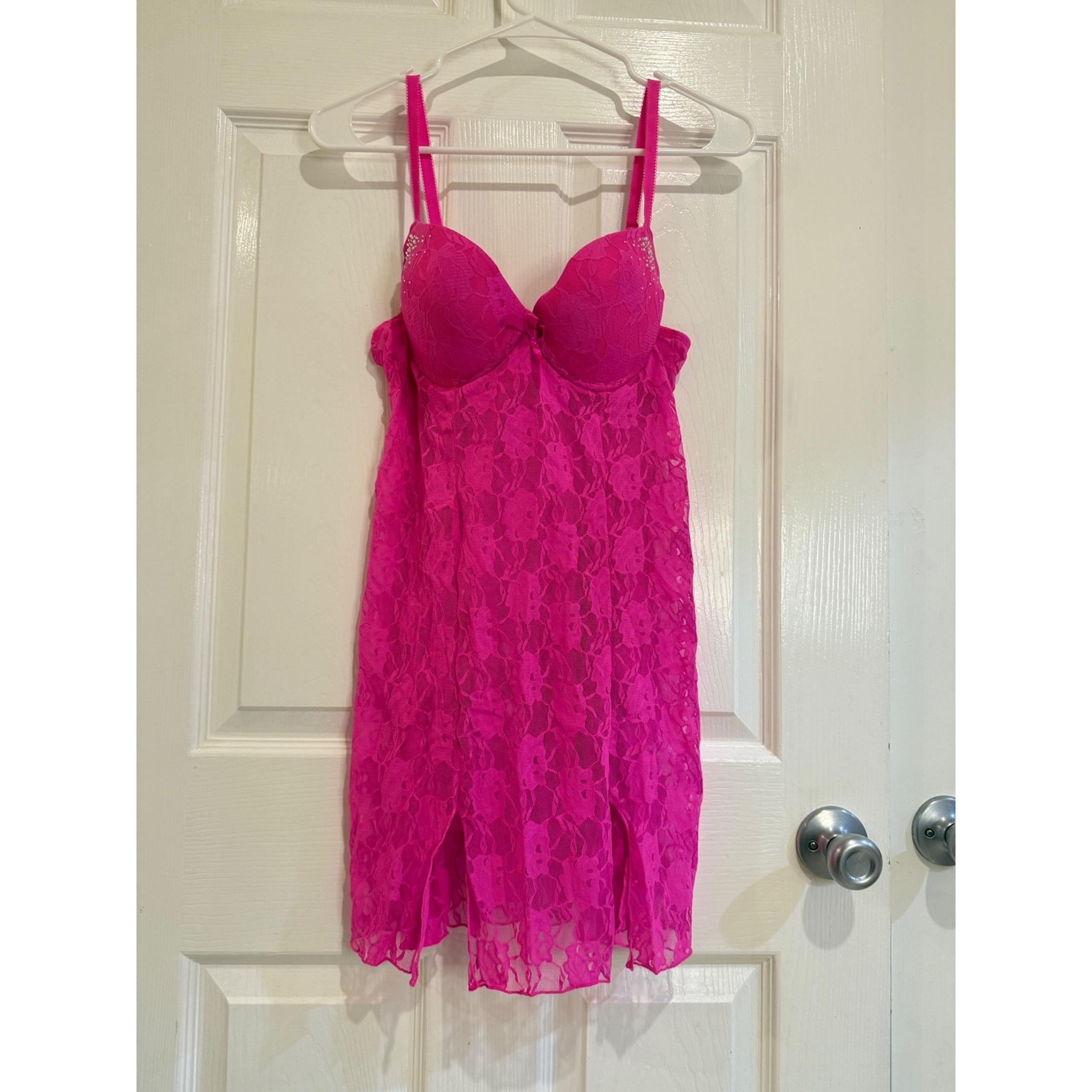 Smart & Sexy Pink Lace Babydoll Lingerie Rhinestone Accents 36B