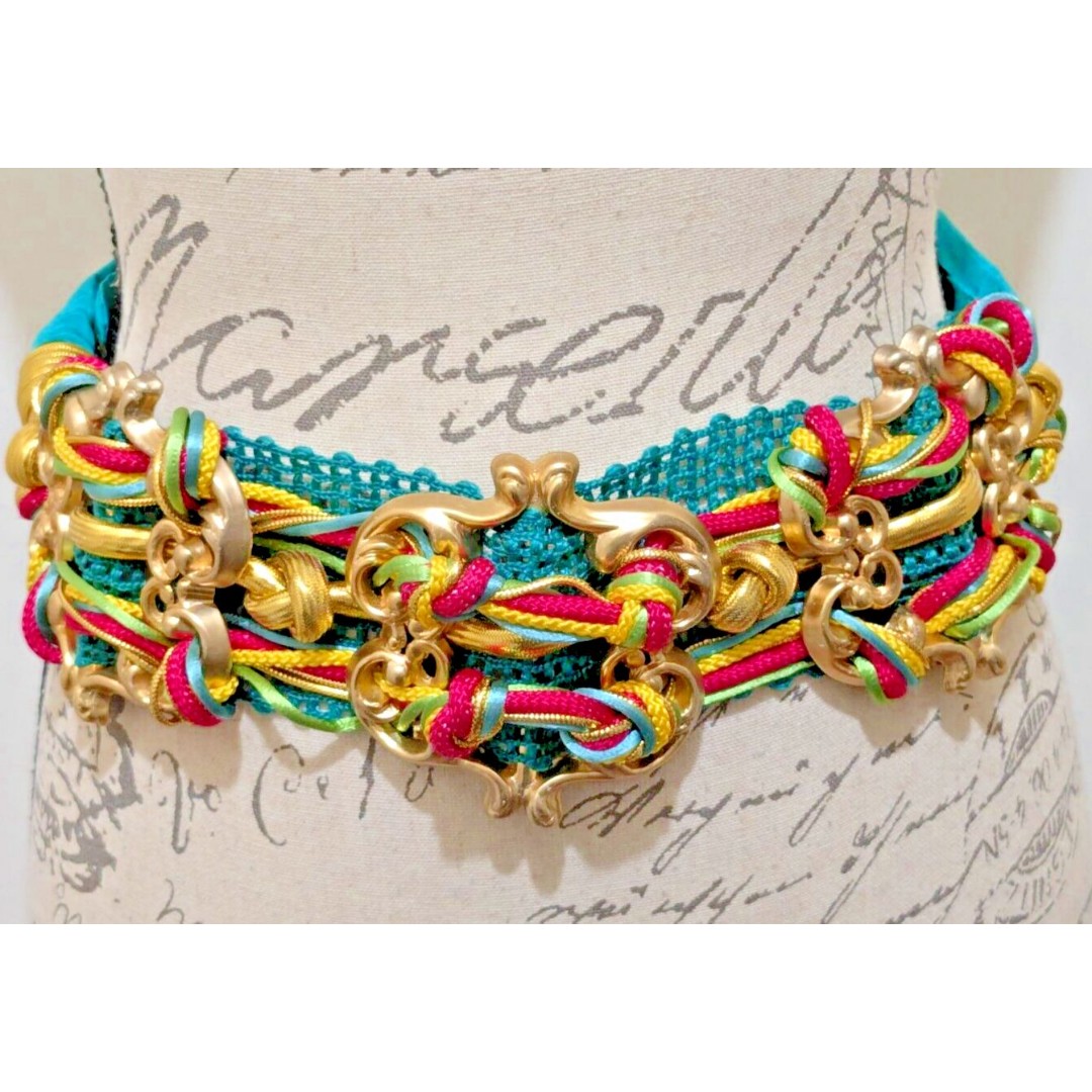 Anthony Alexander Belt One Size Adjustable Gold Tone Aqua Fushia Lime Cords