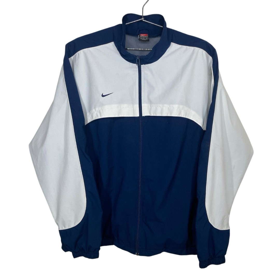 Vtg Nike Team Navy & White Color Block Mesh Lined Windbreaker Jacket Size Large