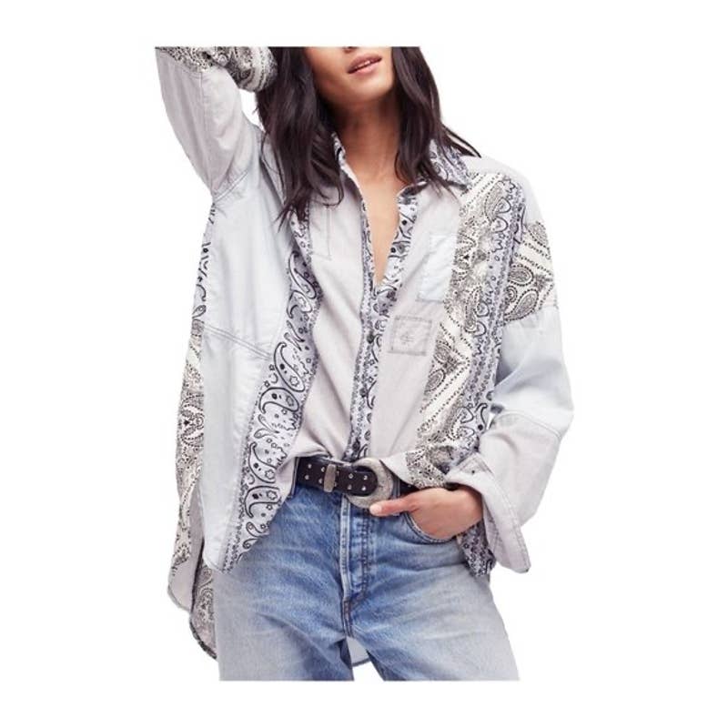 Free People All Patched Up Bandana Chambray Button-Down Shirt Size Medium