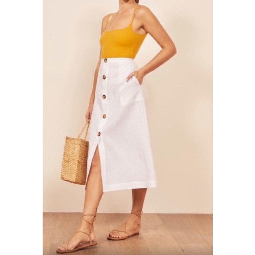 Reformation White Linen Button Front A line Midi Skirt size 12