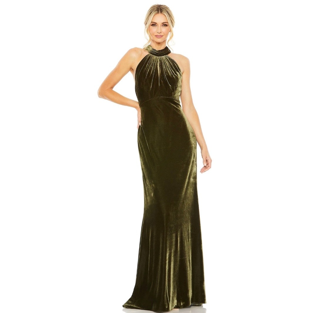 Mac Duggal Velvet Halterneck Column Gown maxi dress 12 green UB