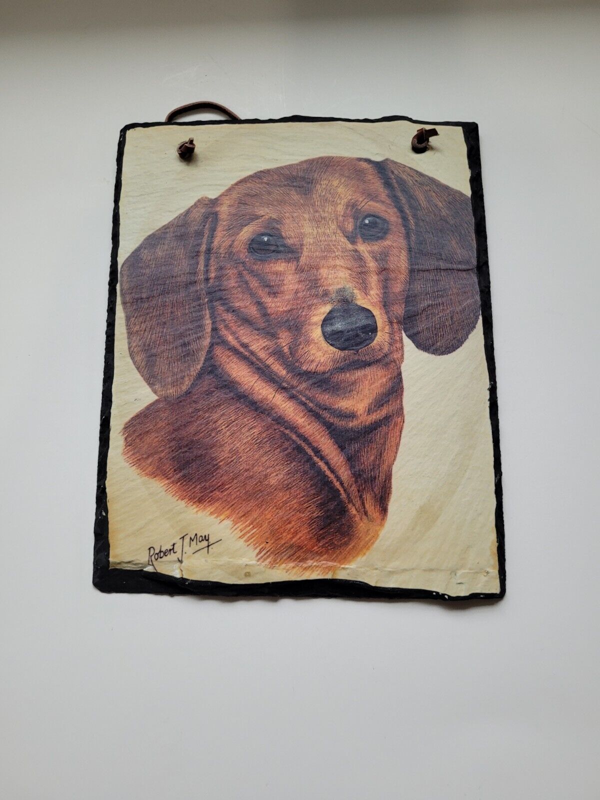 Rare Robert J. May Dachshund Slate Art - Hand-Painted Look, Elegant Home Decor