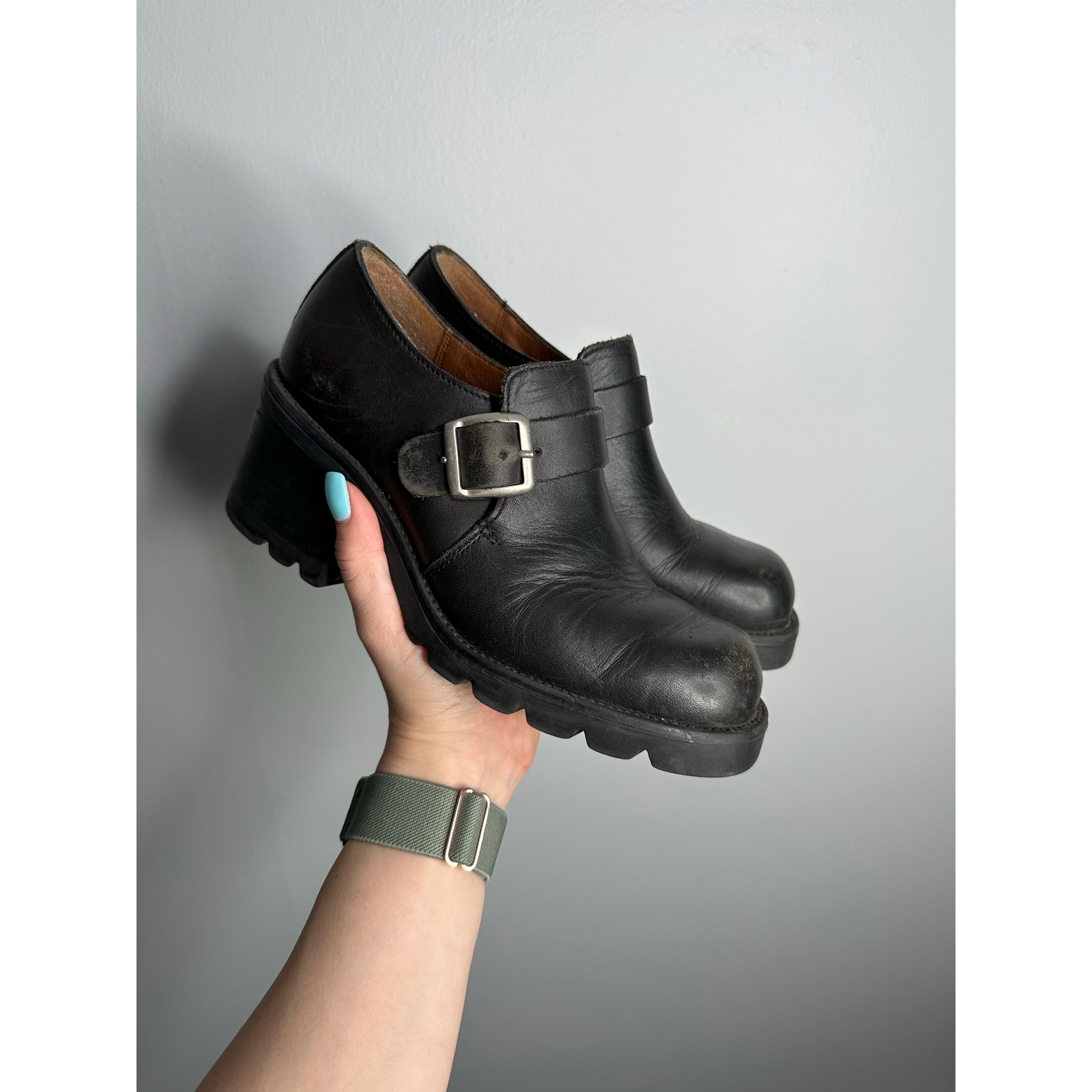 Nine West Vintage 90's Black Leather chunky Heeled Buckle Detail Clogs