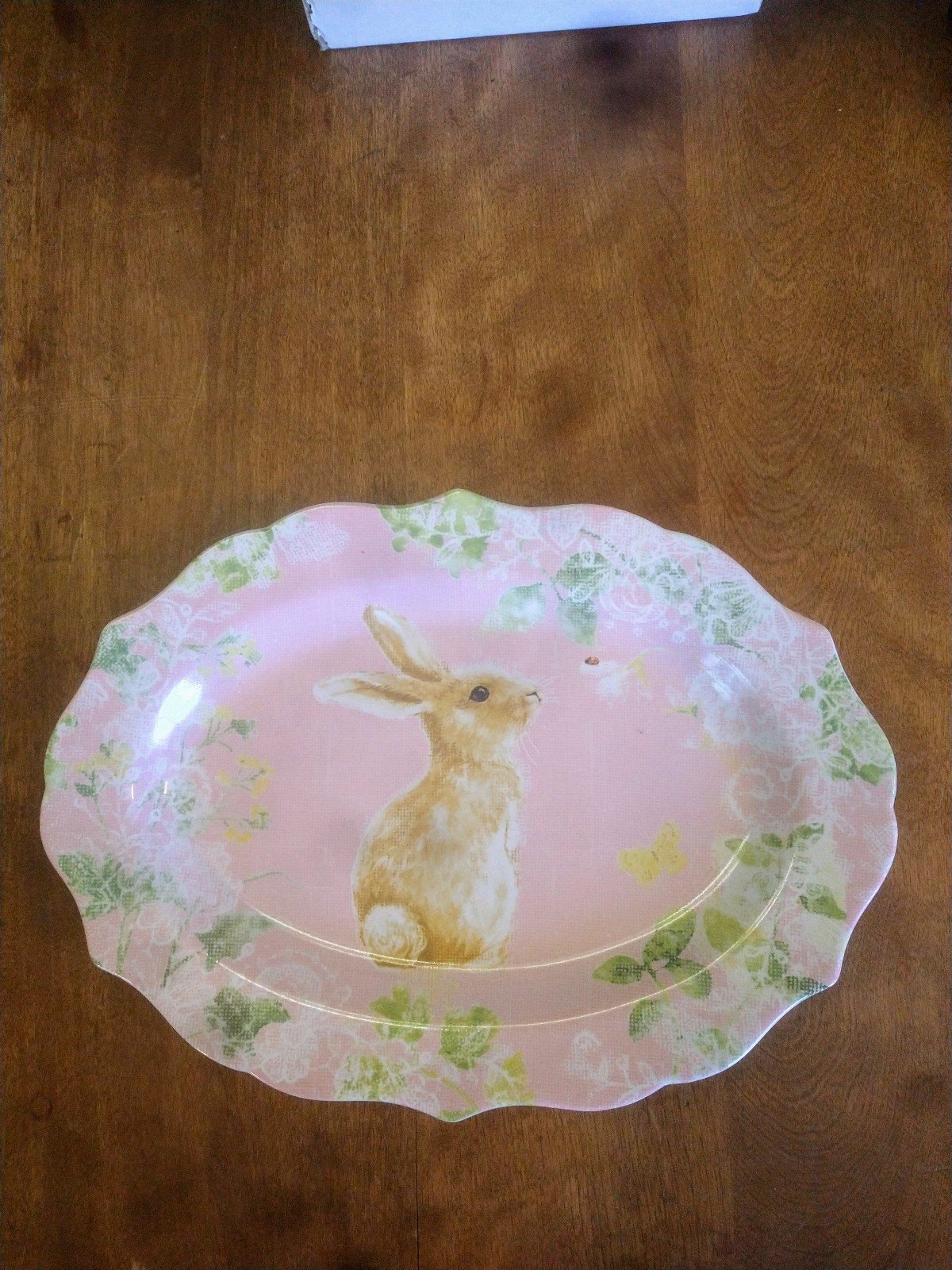 Easter Floral Pink Bunny Rabbit Serving Platter From 222 Fifth Celia Burlap. EUC