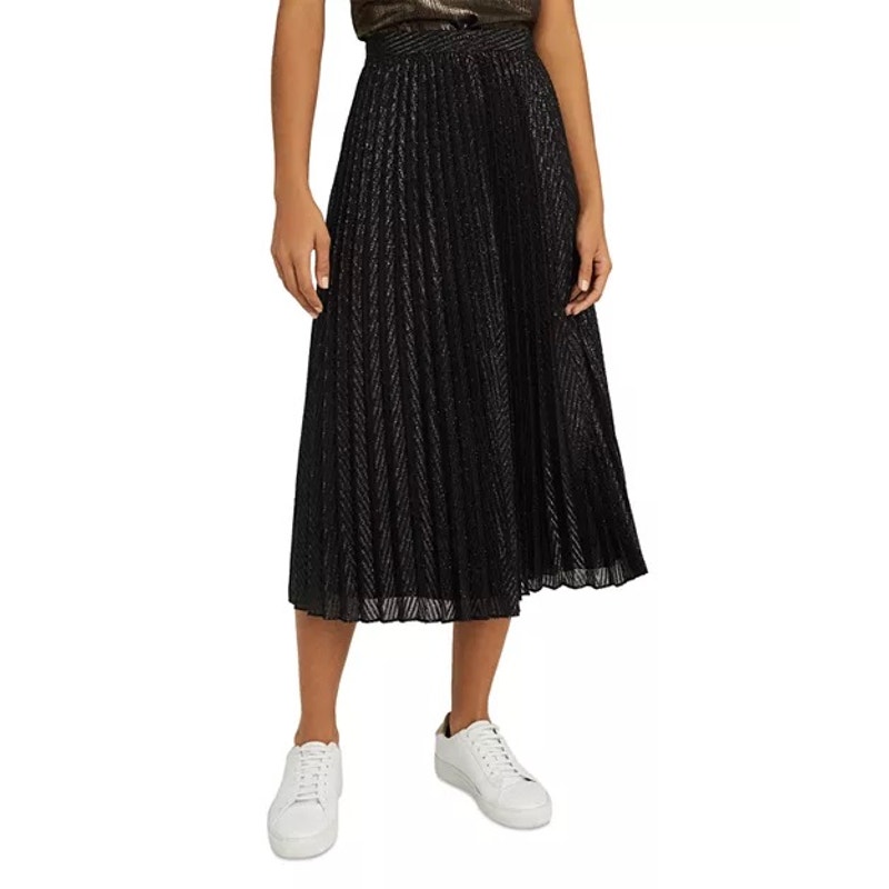 NWT: REISS Marianne Pleated Metallic Mesh Midi Skirt Black US 10 (K354)
