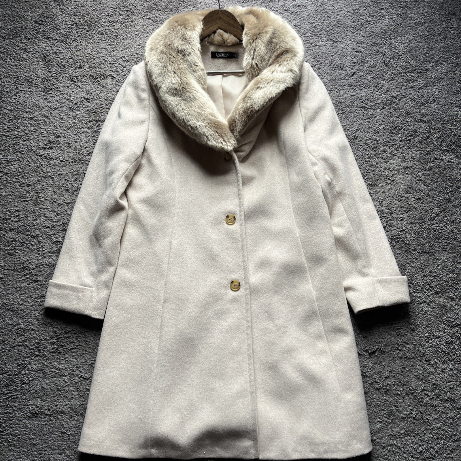Lauren Ralph Lauren Tan Women’s Coat Wool Blend Fur Collar Size 16 MSRP 359