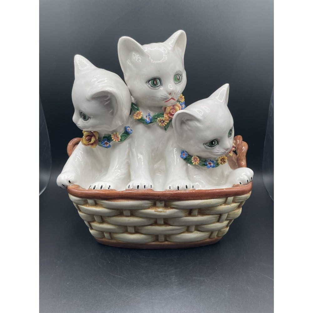 Vtg 1950s Ceramic 3-Kittens in a Basket Italy