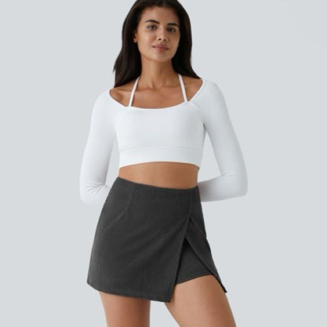 Halara High Waisted Back Zipper Split Hem 2-in-1 Corduroy Casual Skirt SZ Small