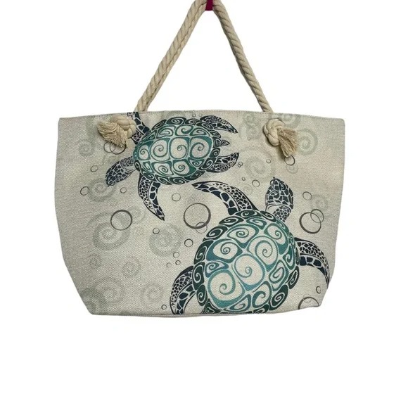 Sea Turtle Print Canvas Tote Rope Handles