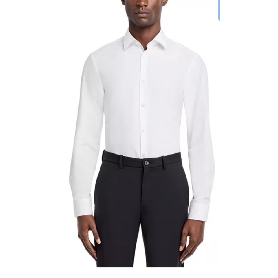 Hugo Boss Mens Koey Slim Fit Long Sleeve Button Up Shirt 16 White Solid Stretch